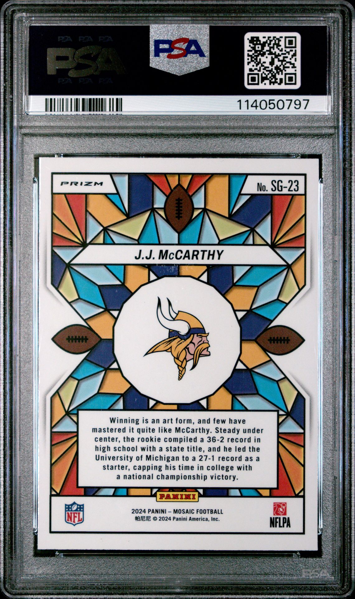2024 Panini Mosaic Stained Glass Jj Mccarthy #Sg23 Mint 9 back