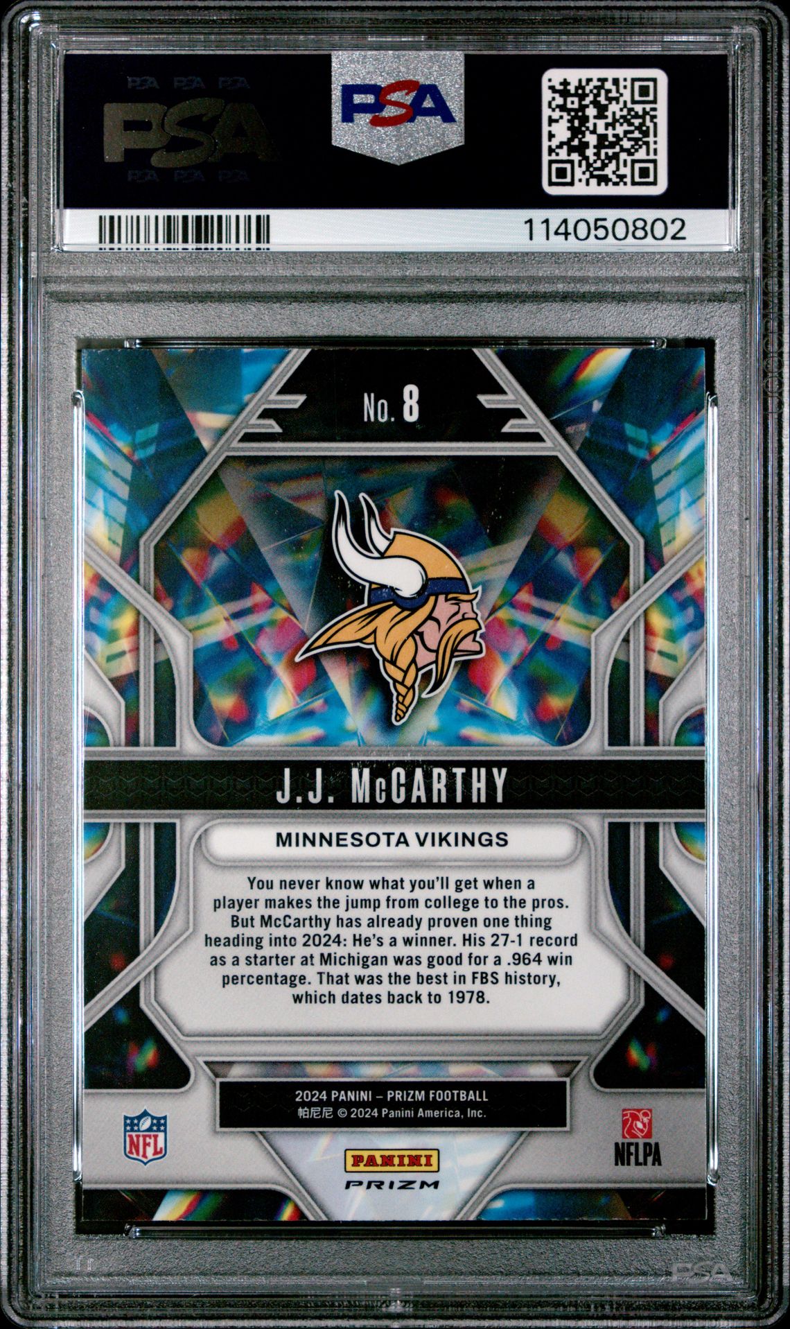 2024 Panini Prizm Prizmatic Jj Mccarthy #8 (Prizmatic-Green Prizm) Gem Mt 10 back