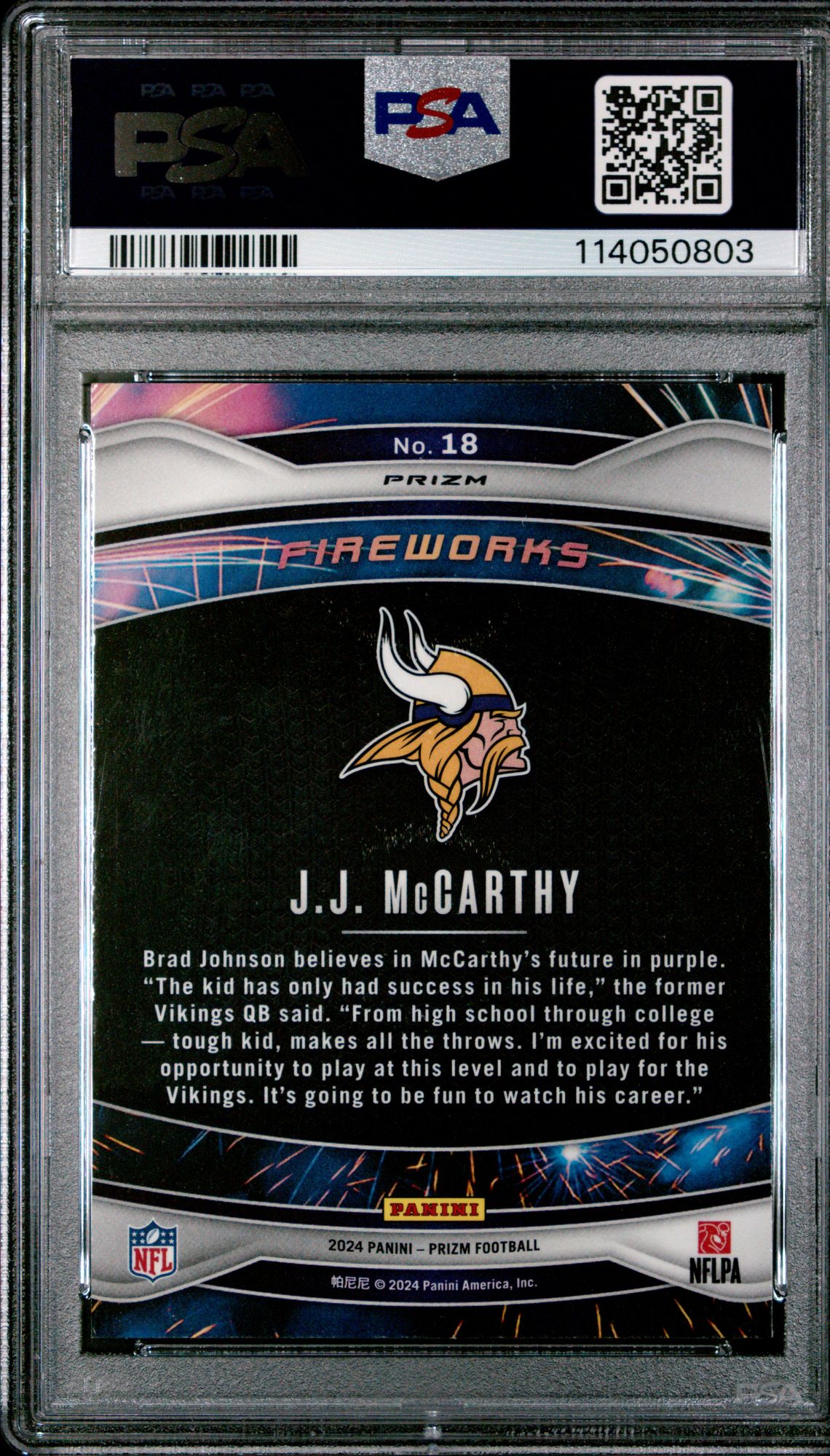 2024 Panini Prizm Fireworks Jj Mccarthy #18 (Fireworks-Green Prizm) Gem Mt 10 back
