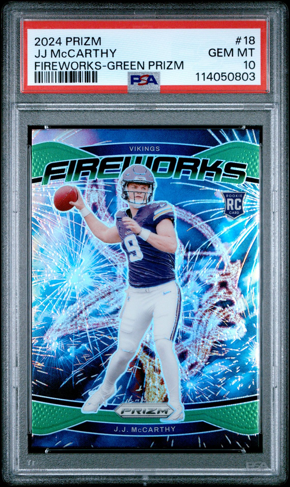 2024 Panini Prizm Fireworks Jj Mccarthy #18 (Fireworks-Green Prizm) Gem Mt 10 front