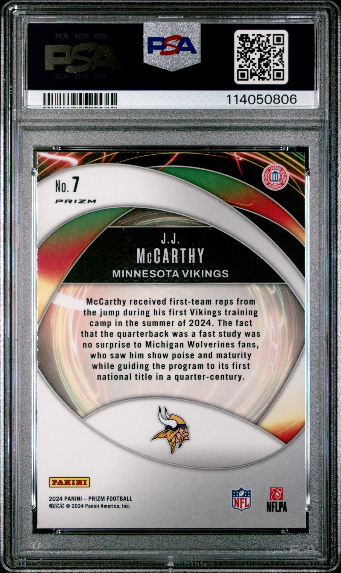 2024 Panini Prizm Portals Jj Mccarthy #7 (Portals-Green Wave) Gem Mt 10 back