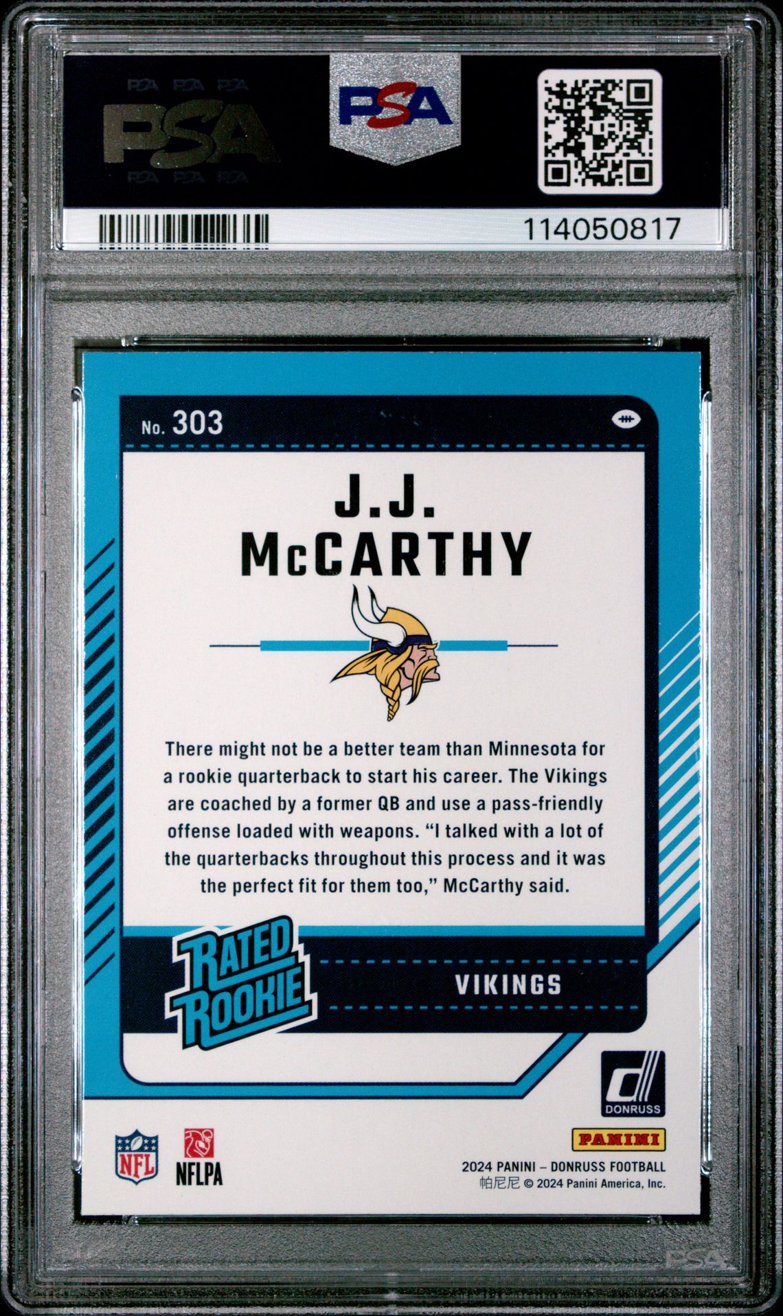 2024 Panini Donruss Jj Mccarthy #303 Mint 9 back