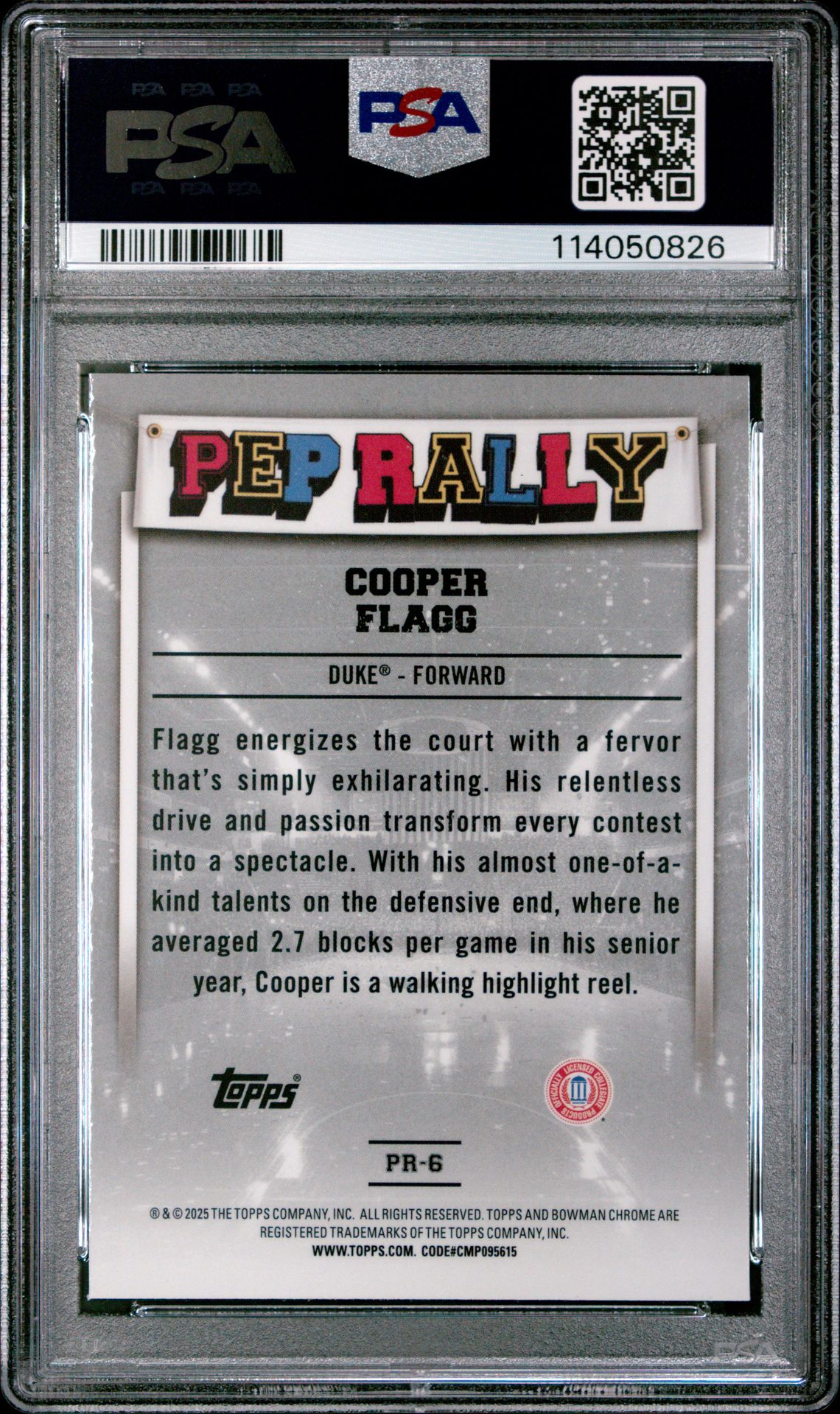 2024 Bowman Chrome University Pep Rally Cooper Flagg #Pr6 Gem Mt 10 back