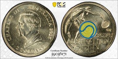 2025 $2 Men’s Australian Open Yellow Envelope Privy Colorized MS69