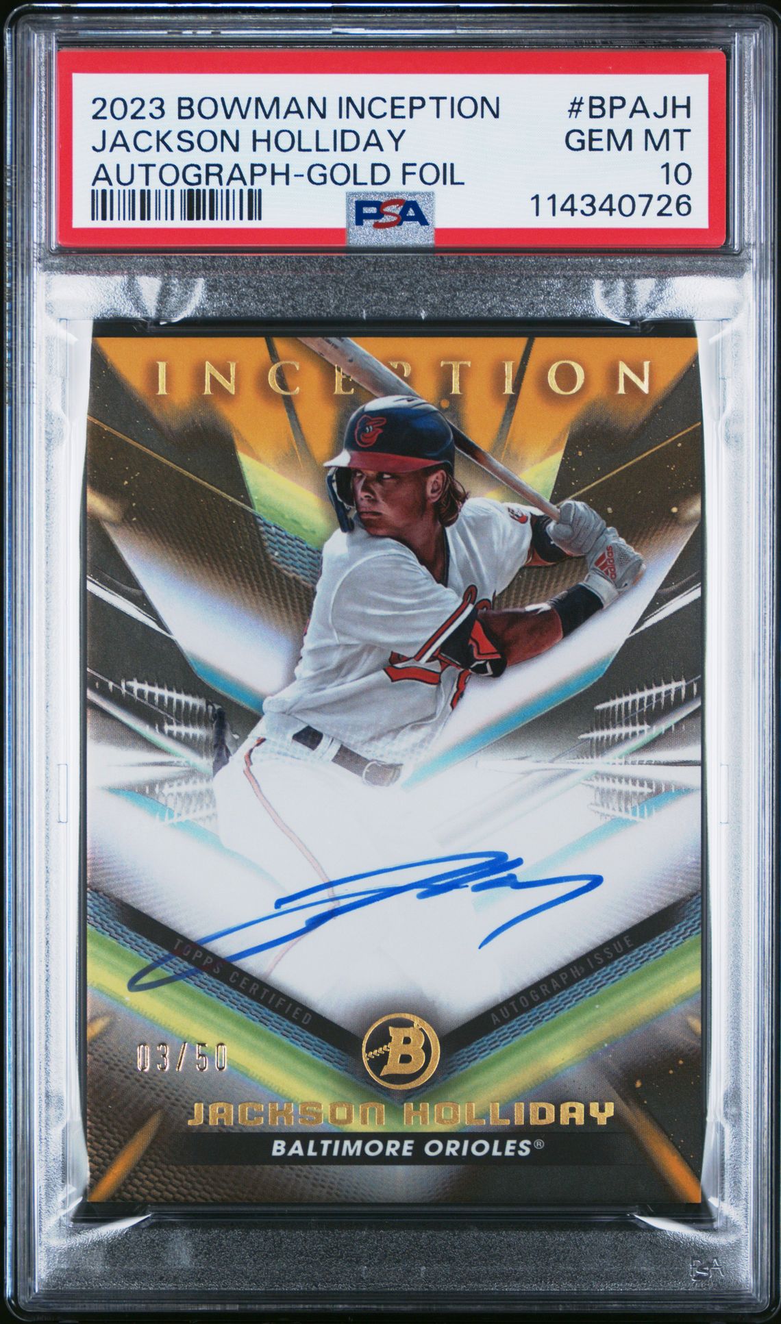 2023 Bowman BOWMAN INCEPTION AUTOGRAPHS GOLD FOIL #BPAJH Jackson Holliday front