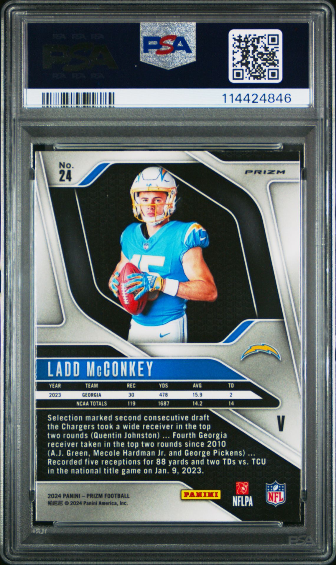 2024 Panini Prizm Rookie Variation Ladd Mcconkey #24 Gem Mt 10 back view - PSA certificate #114424846