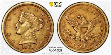 1861 $2.50 Old Reverse AU50