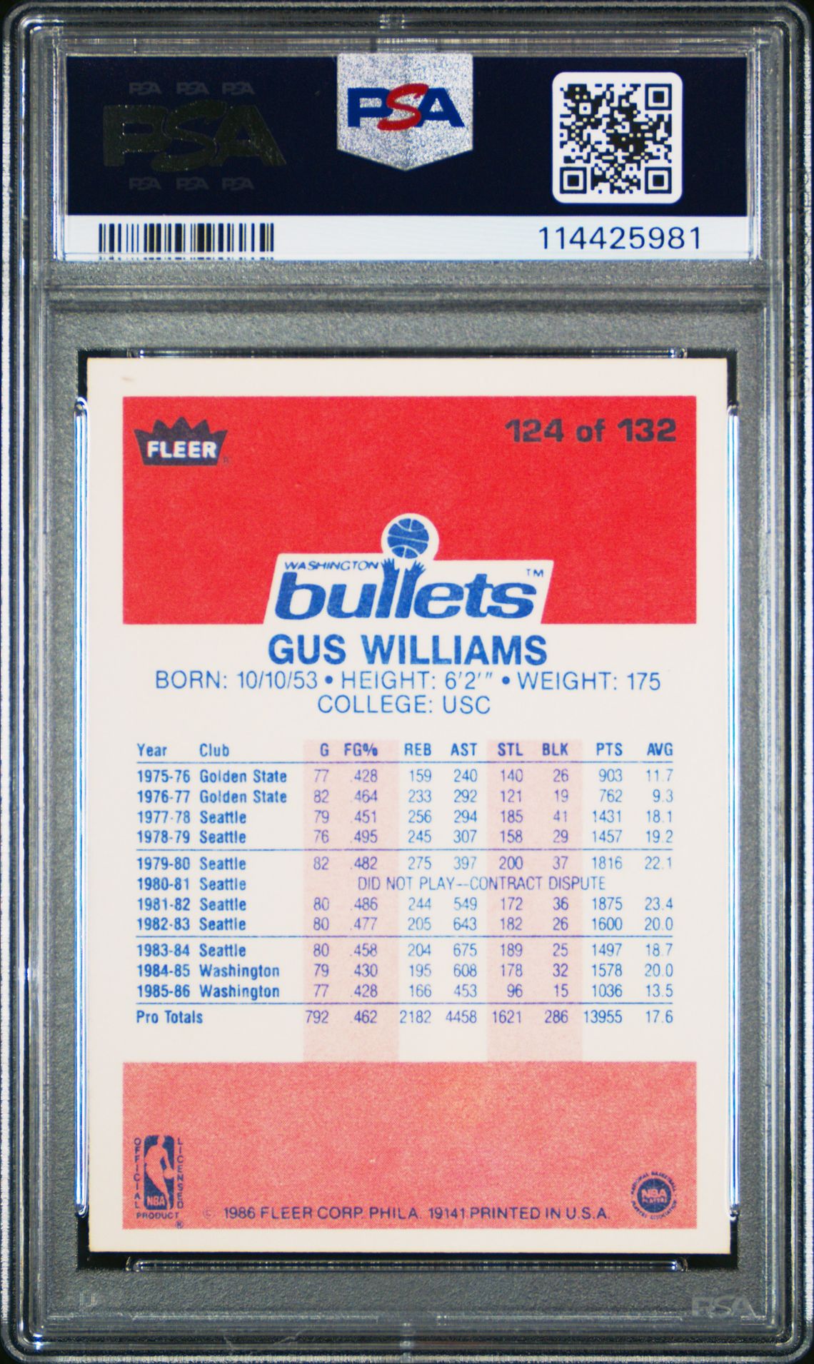 1986 Fleer Gus Williams #124 Nm 7 back