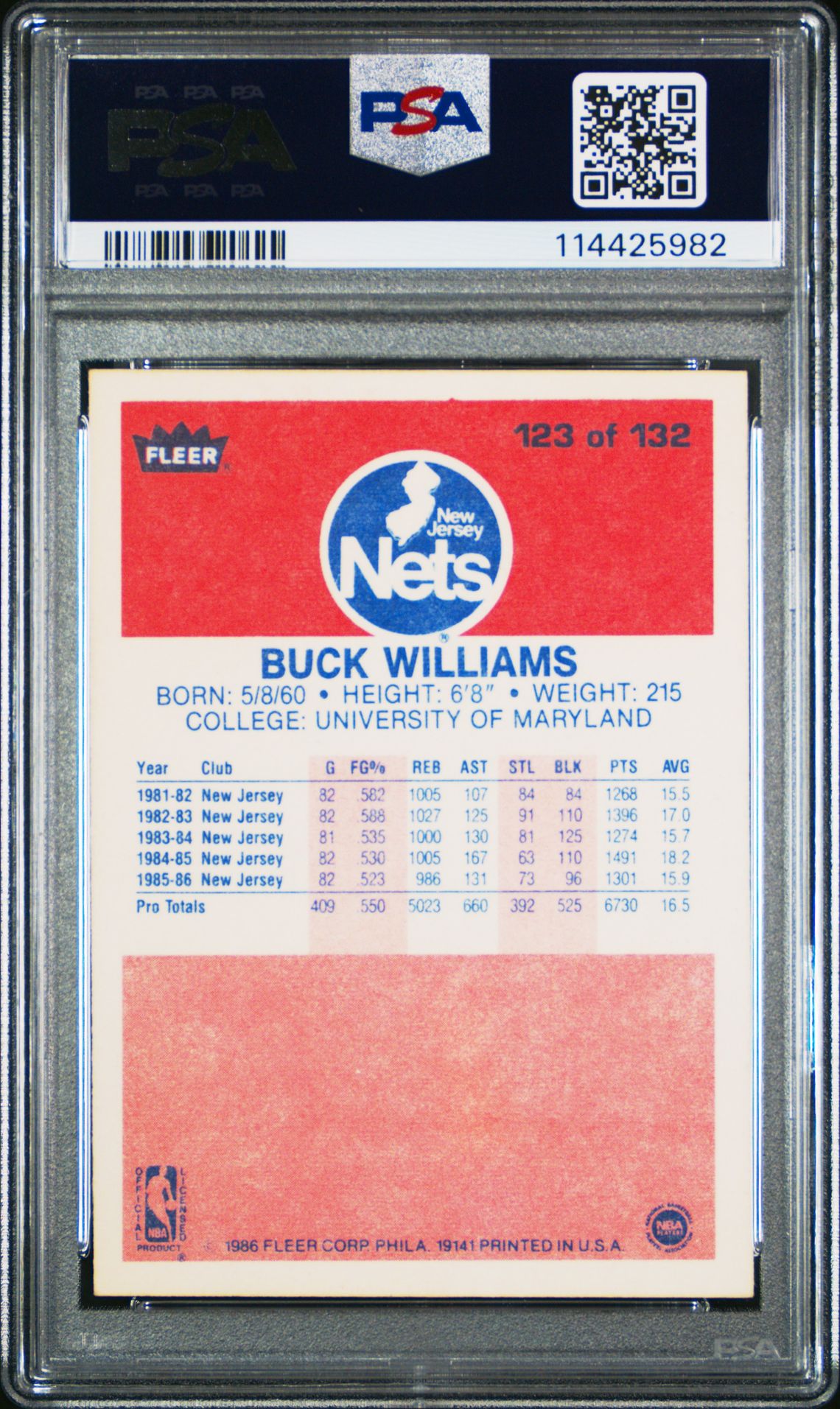 1986 Fleer Buck Williams #123 Nm 7 back