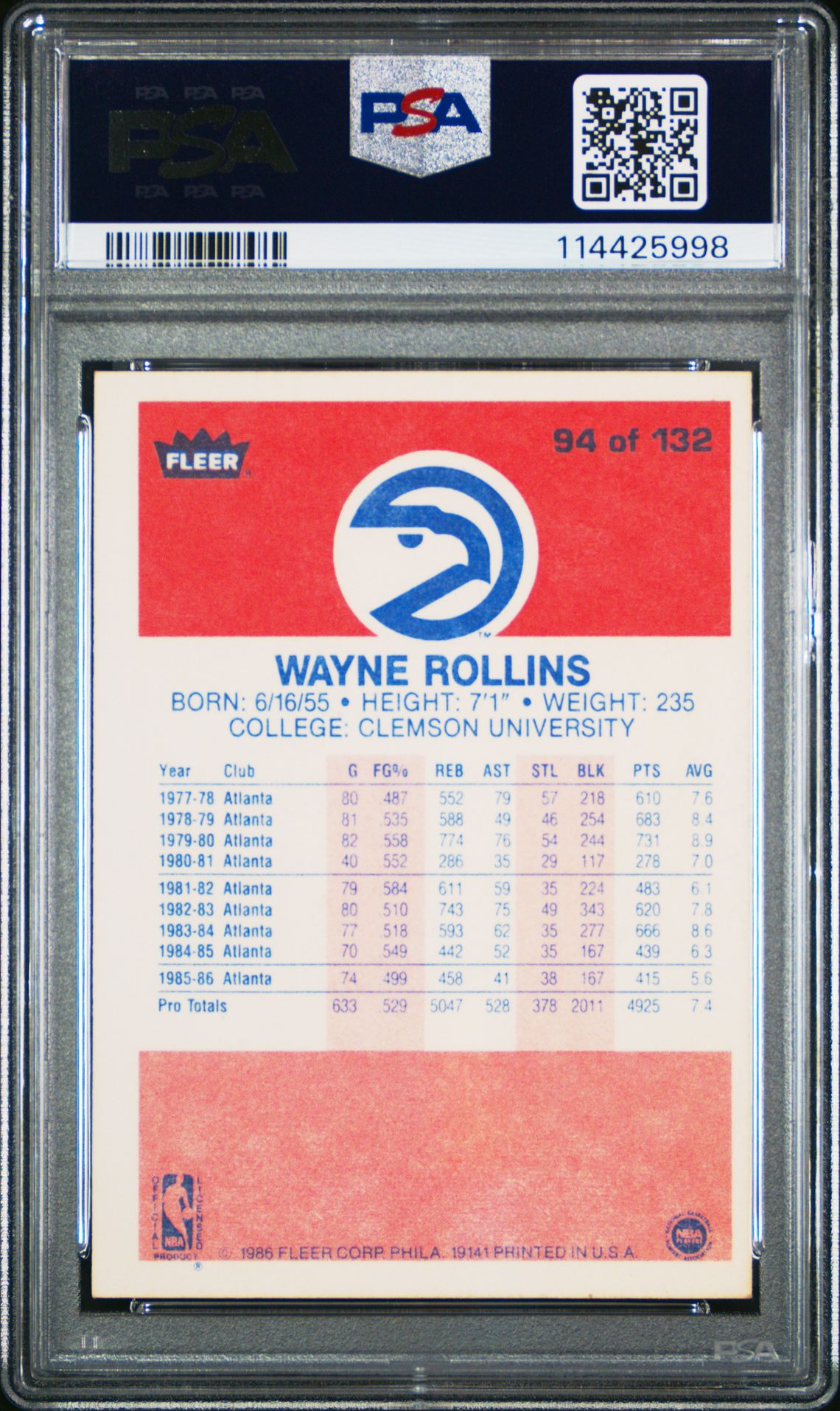 1986 Fleer Wayne Rollins #94 Nm 7 back