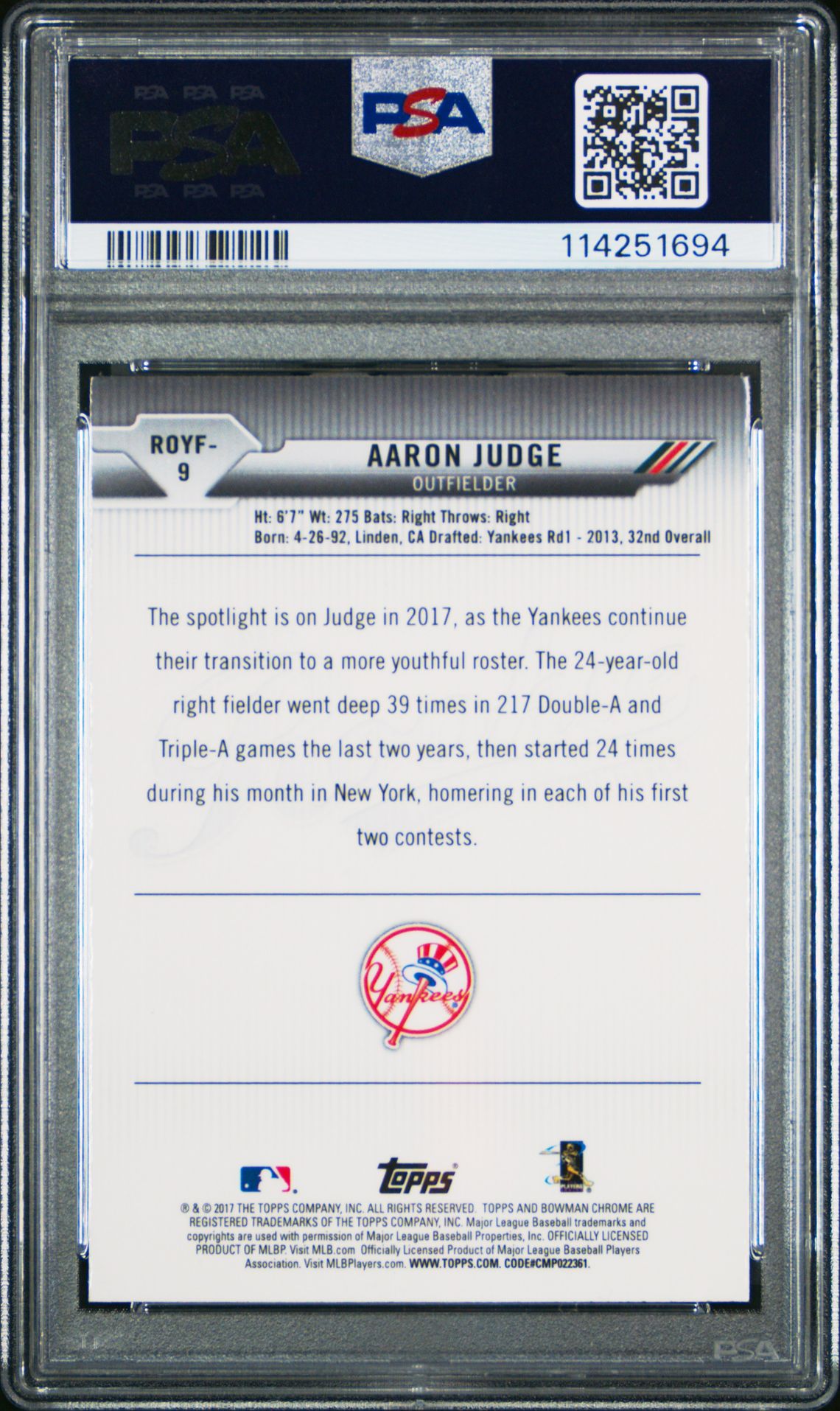 2017 Bowman Rookie Of The Year Roy Favorites Aaron Judge #9 (R.o.y. Favorites) Mint 9 back