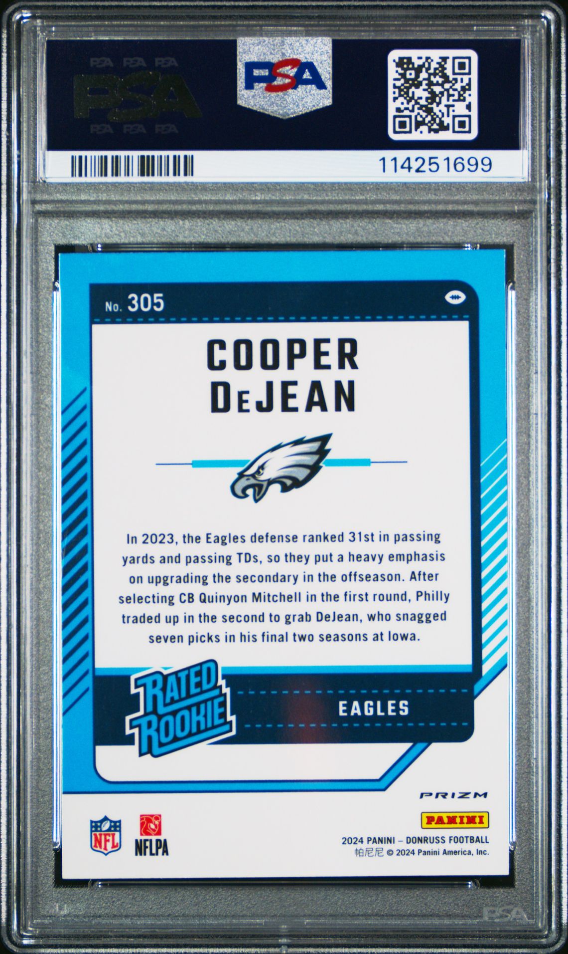 2024 Panini Donruss Cooper Dejean #305 (Optic Preview-Pink) Gem Mt 10 back