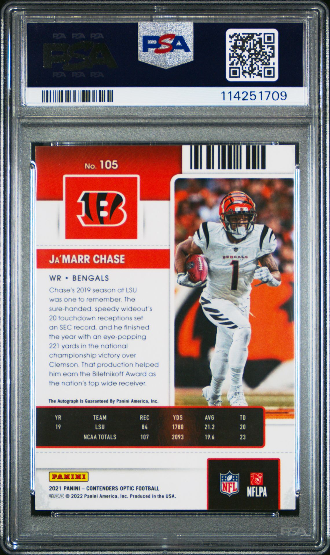 2021 Panini Contenders Optic Ja’marr Chase #105 (Autograph) Mint 9 back