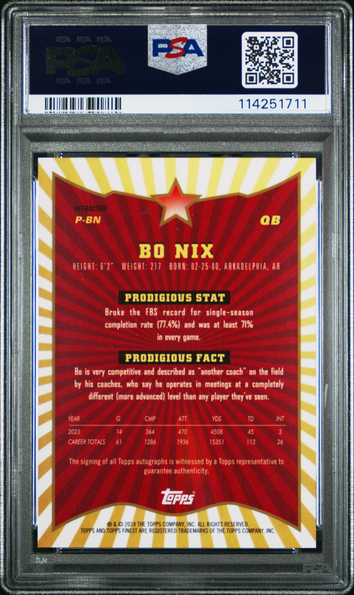 2024 Topps Finest Prodigies Autographs Bo Nix #Pbn (Prodigies Auto-Refractor) Mint 9 back