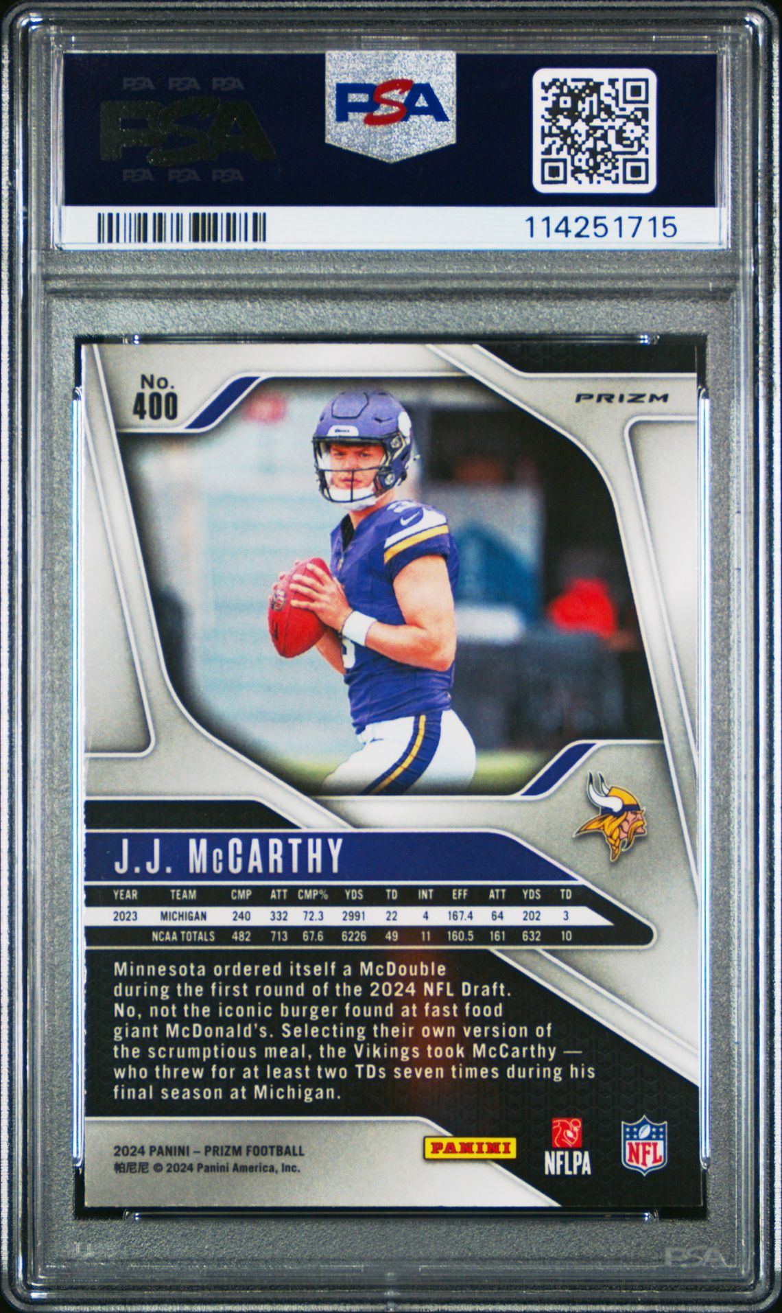 2024 Panini Prizm Jj Mccarthy #400 (Pink Prizm) Mint 9 back