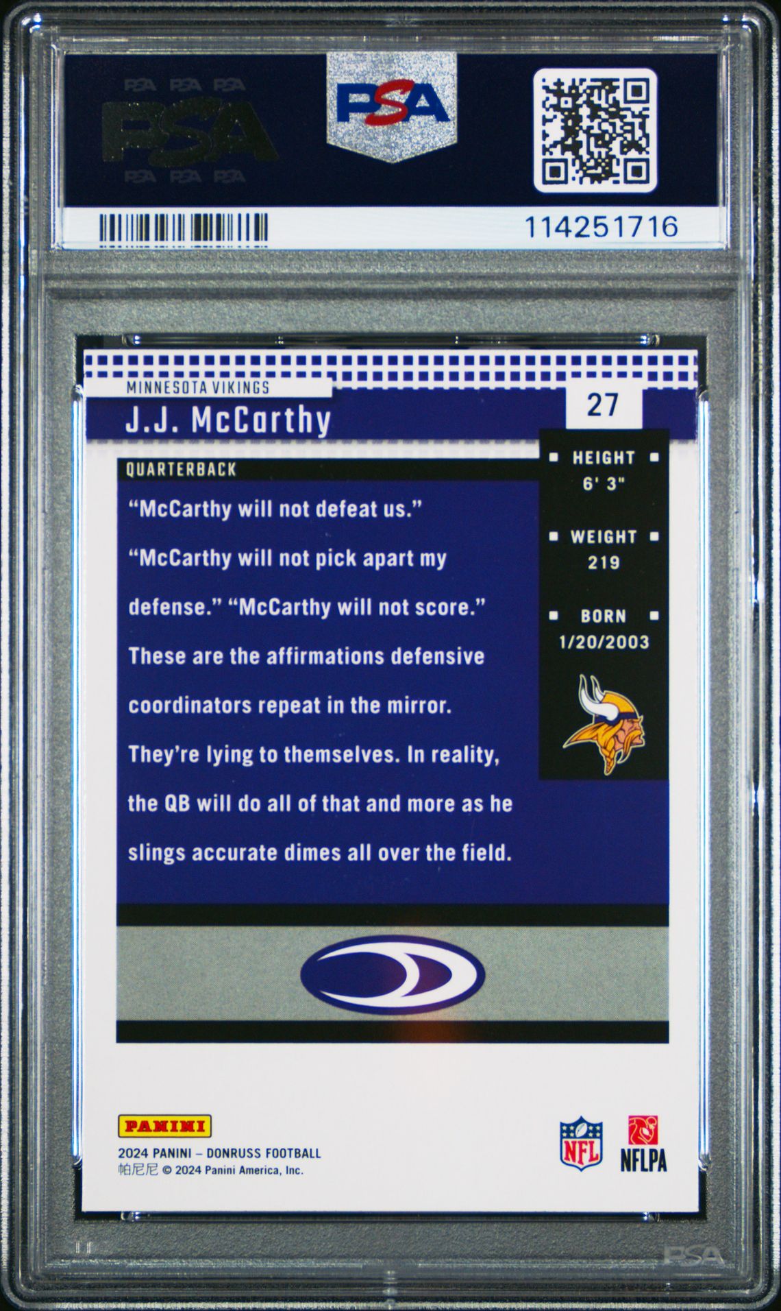 2024 Panini Donruss Retro 2004 Jj Mccarthy #27 Gem Mt 10 back