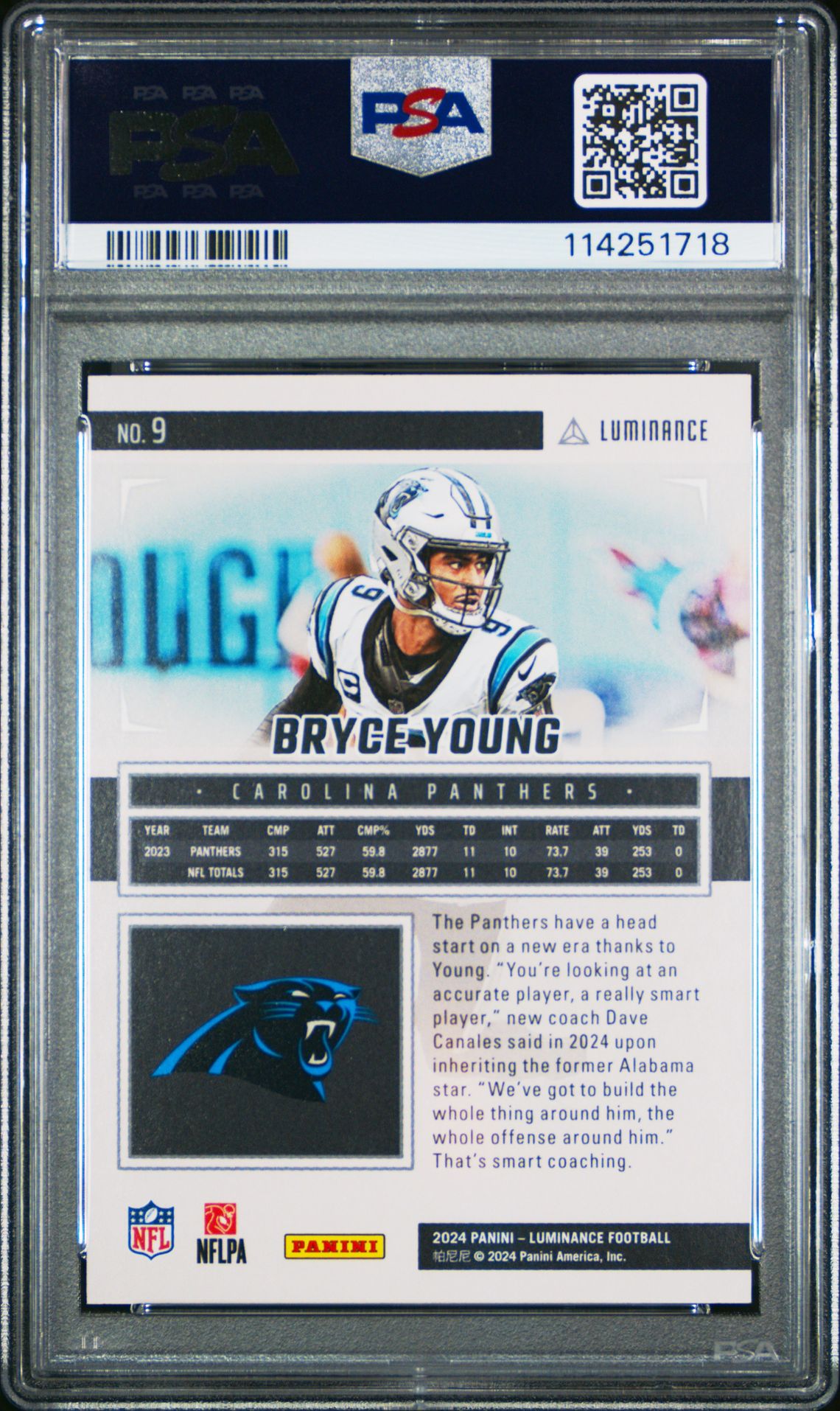 2024 Panini Luminance Bryce Young #9 (Gold) Gem Mt 10 back