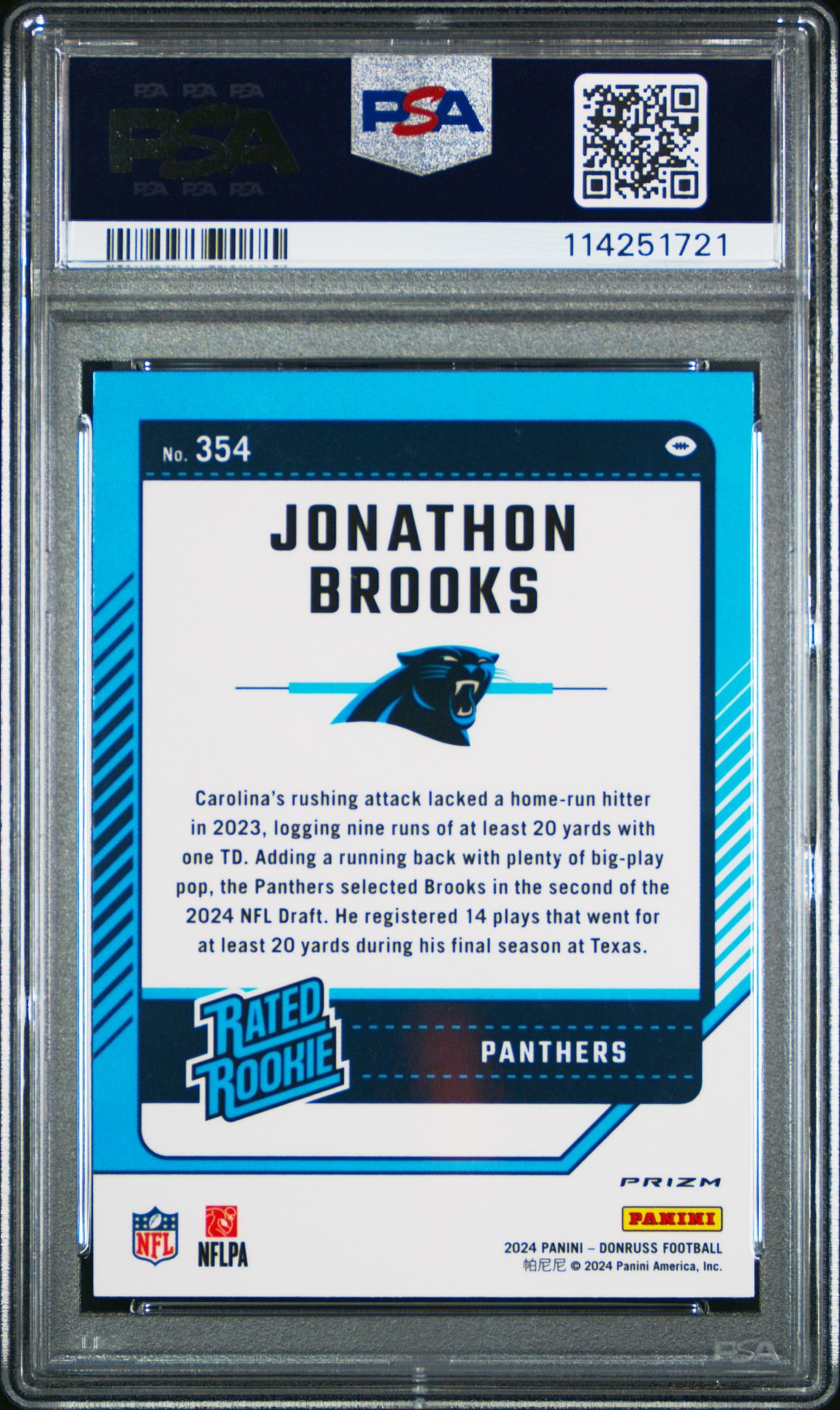 2024 Panini Donruss Jonathon Brooks #354 (Optic Preview-Pink) Gem Mt 10 back