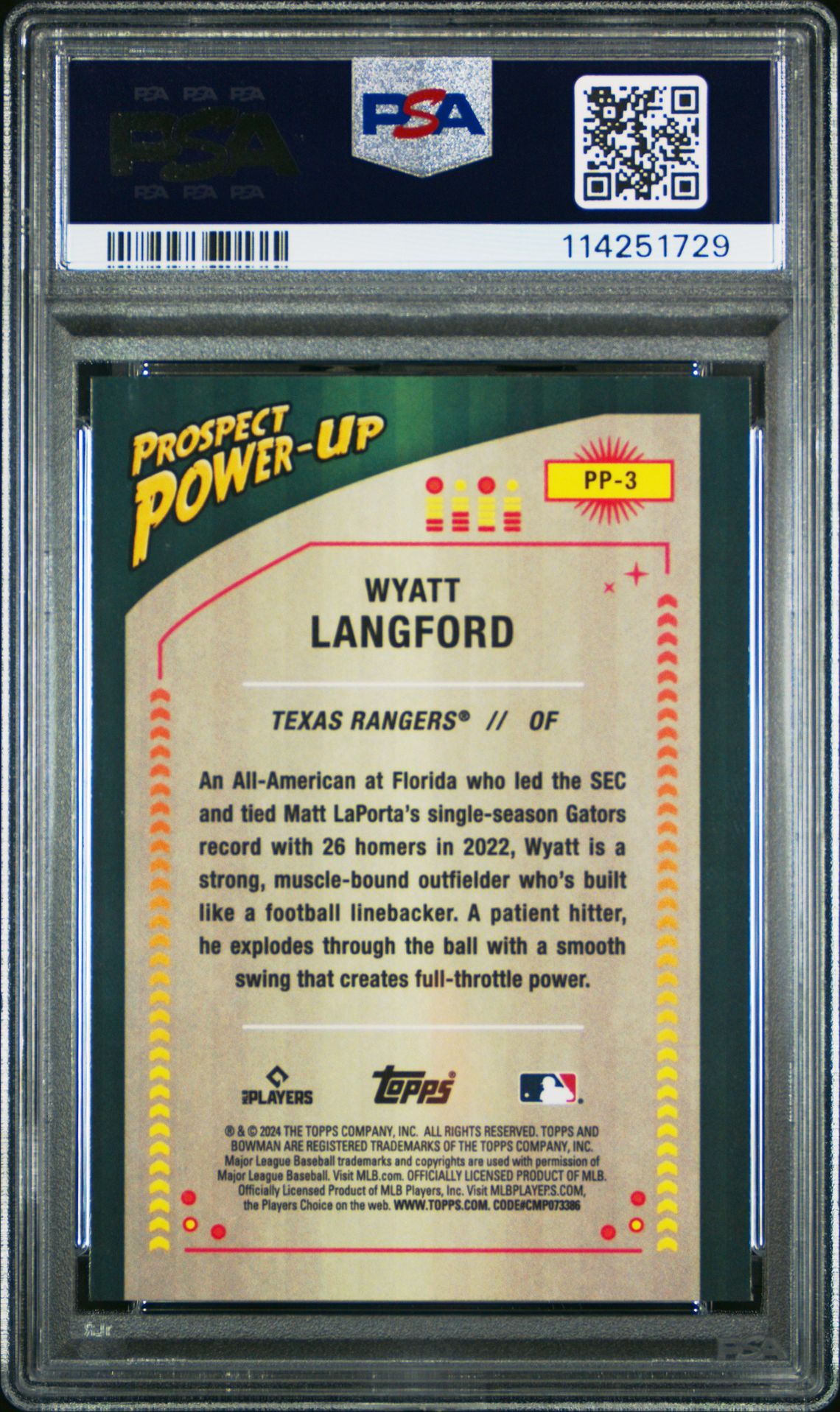 2024 Bowman Mega Box Chrome Prospect Power-Up Wyatt Langford #Pp3 (Chrome-Prospect Power-Up) Mint 9 back