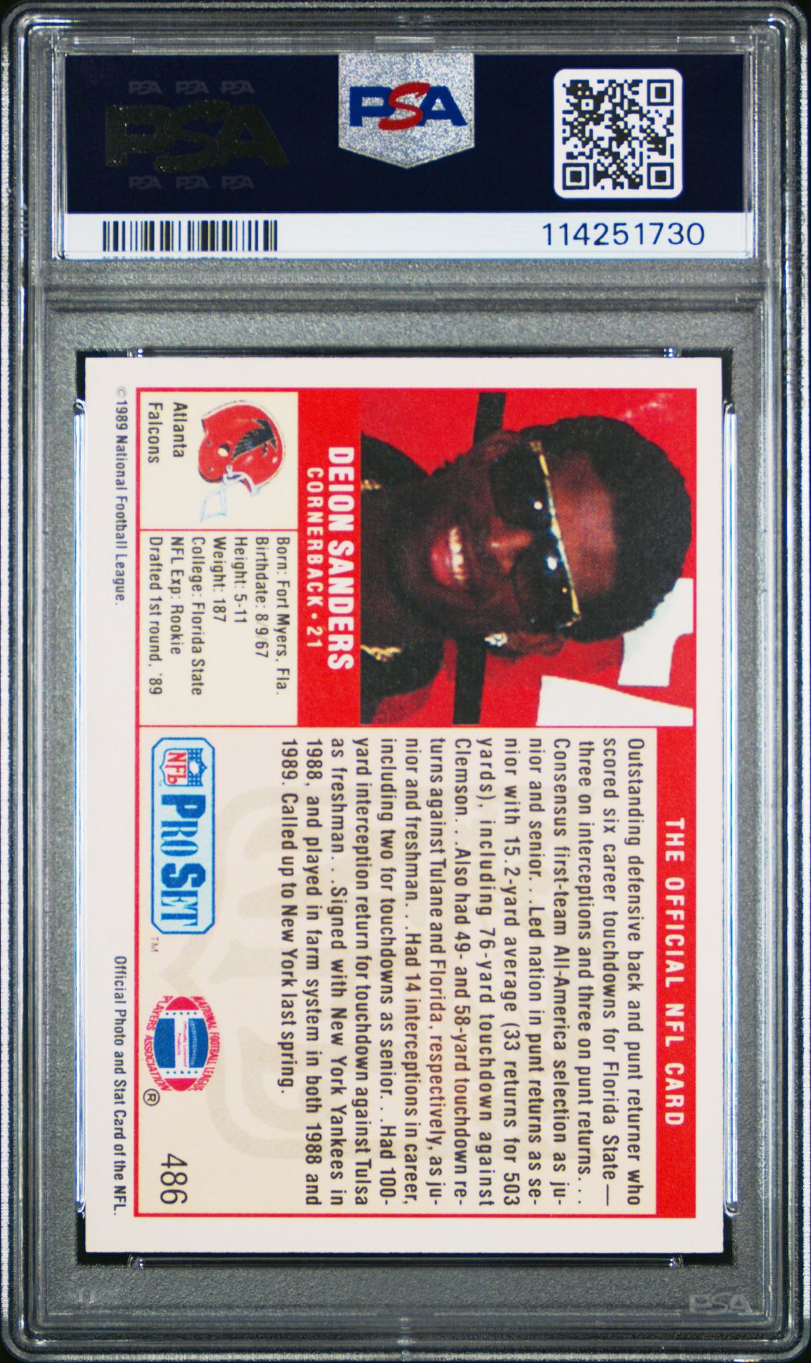 1989 Pro Set Deion Sanders #486 Mint 9 back