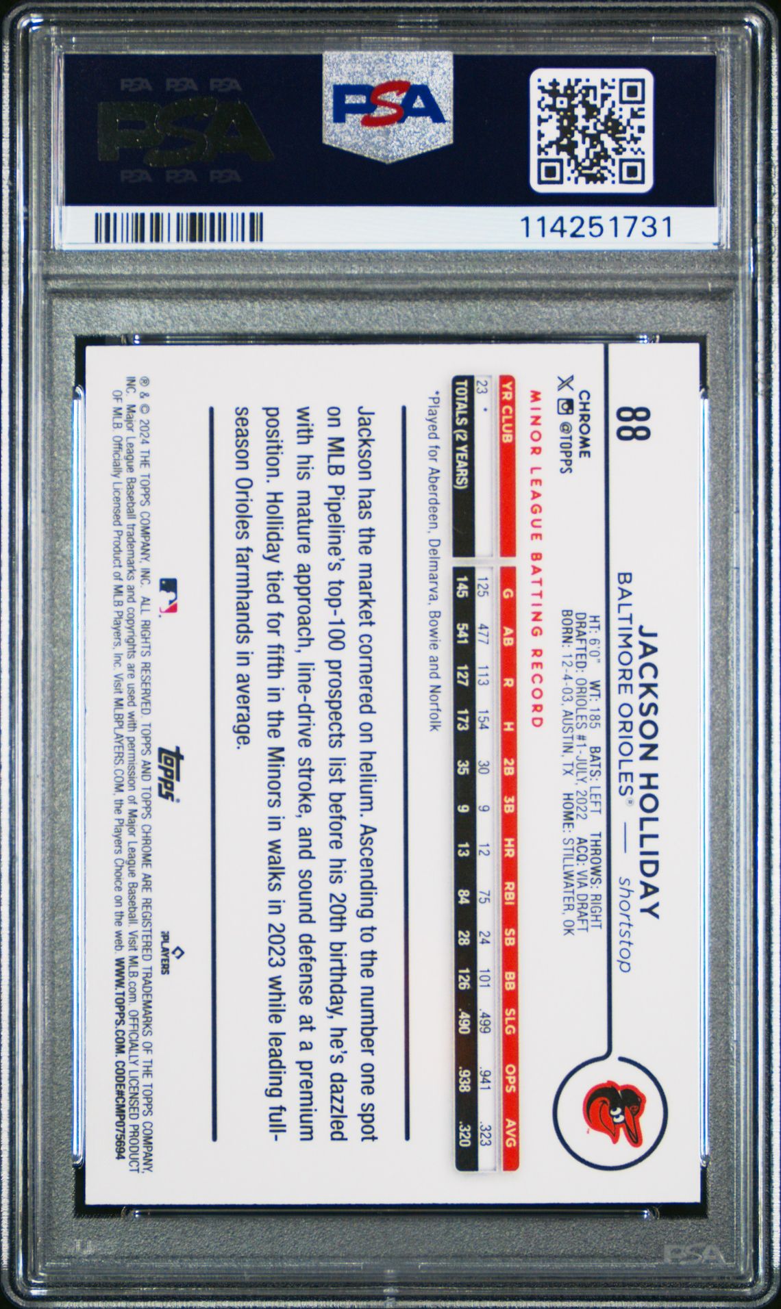 2024 Topps Chrome Jackson Holliday #88 (Sepia Refractor) Gem Mt 10 back