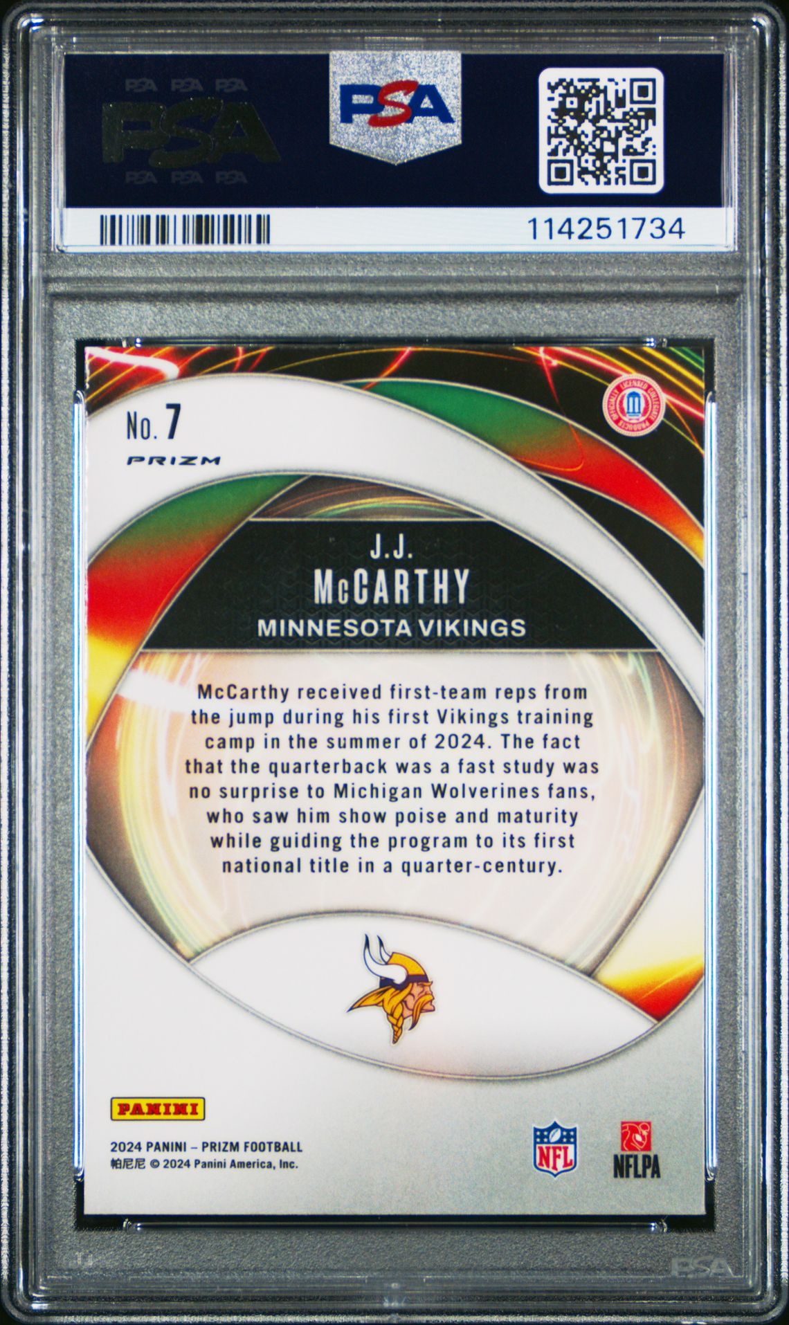 2024 Panini Prizm Portals Jj Mccarthy #7 (Portals-Green Prizm) Gem Mt 10 back