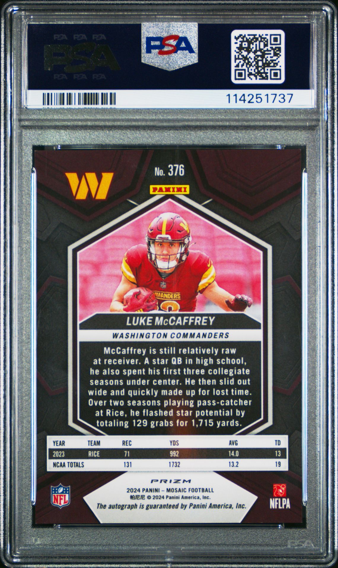 2024 Panini Mosaic Luke Mccaffrey #376 (Autograph-Blue No Huddle) Mint 9 back