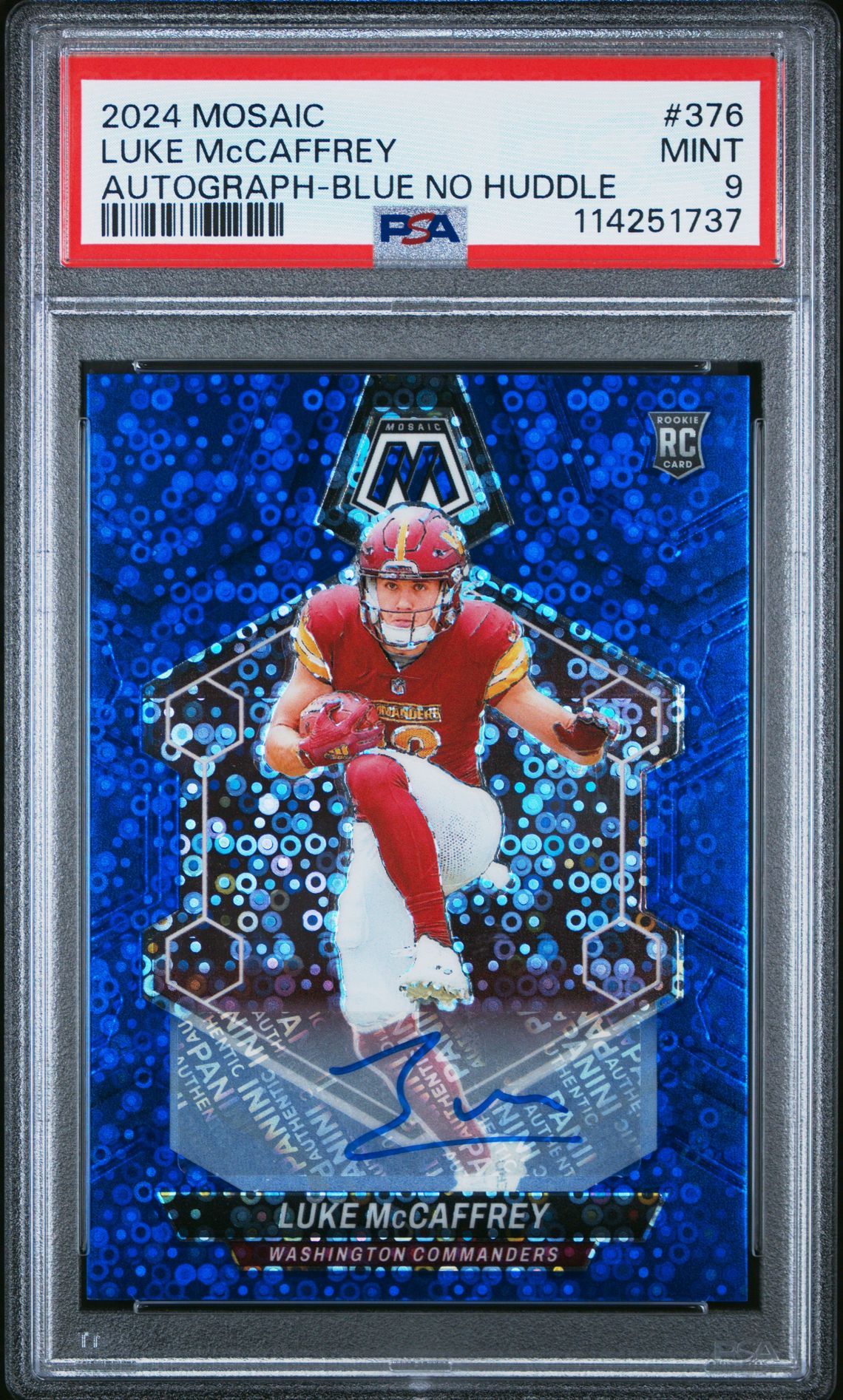 2024 Panini Mosaic Luke Mccaffrey #376 (Autograph-Blue No Huddle) Mint 9 front