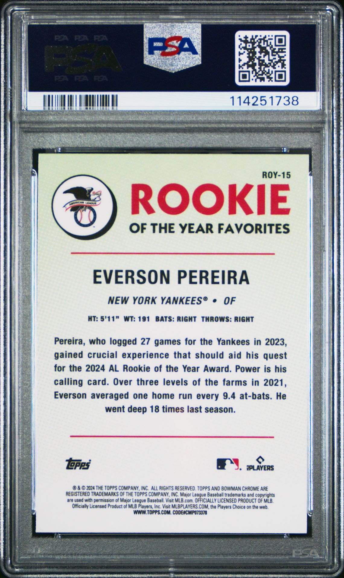 2024 Bowman Mega Box Chrome Rookie Of The Year Favorites Everson Pereira #Roy15 Mint 9 back