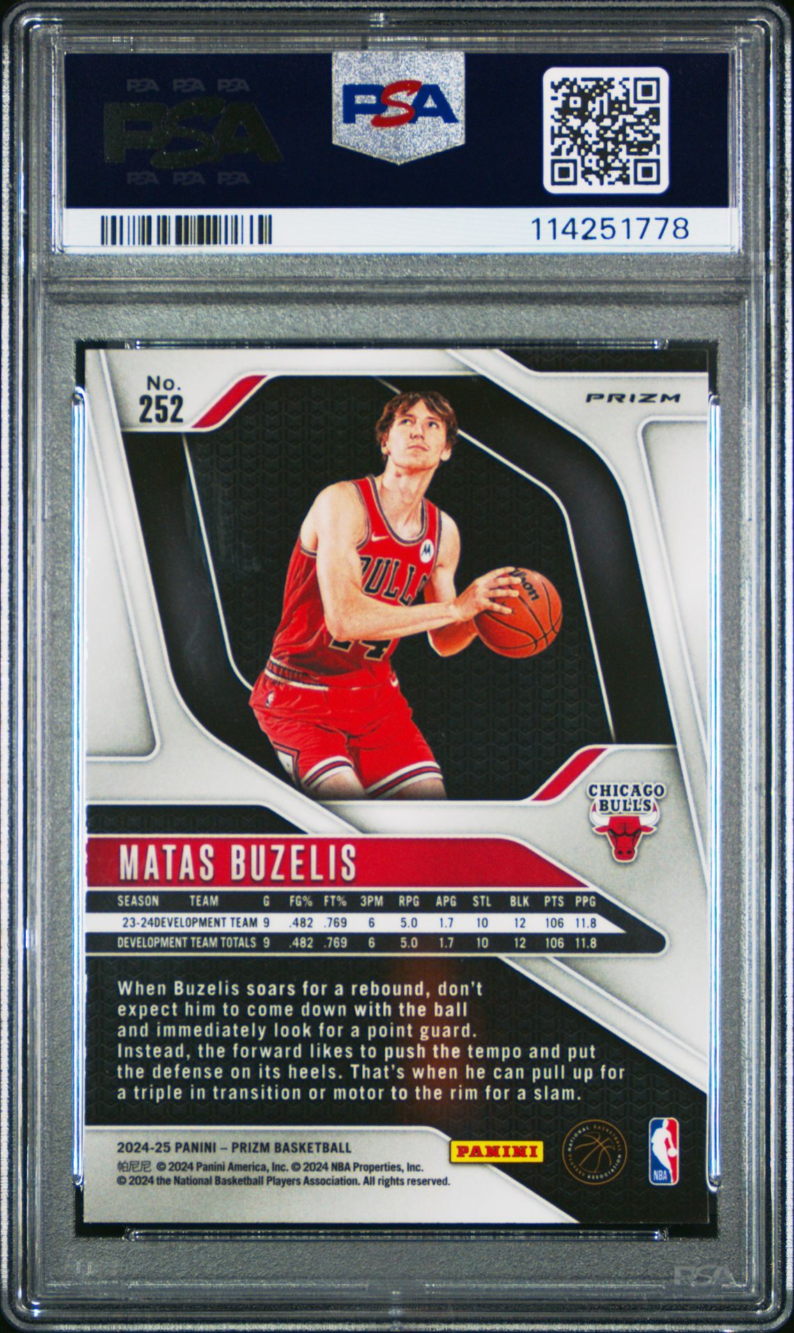 2024 Panini Prizm Matas Buzelis #252 (Silver Prizm) Gem Mt 10 back