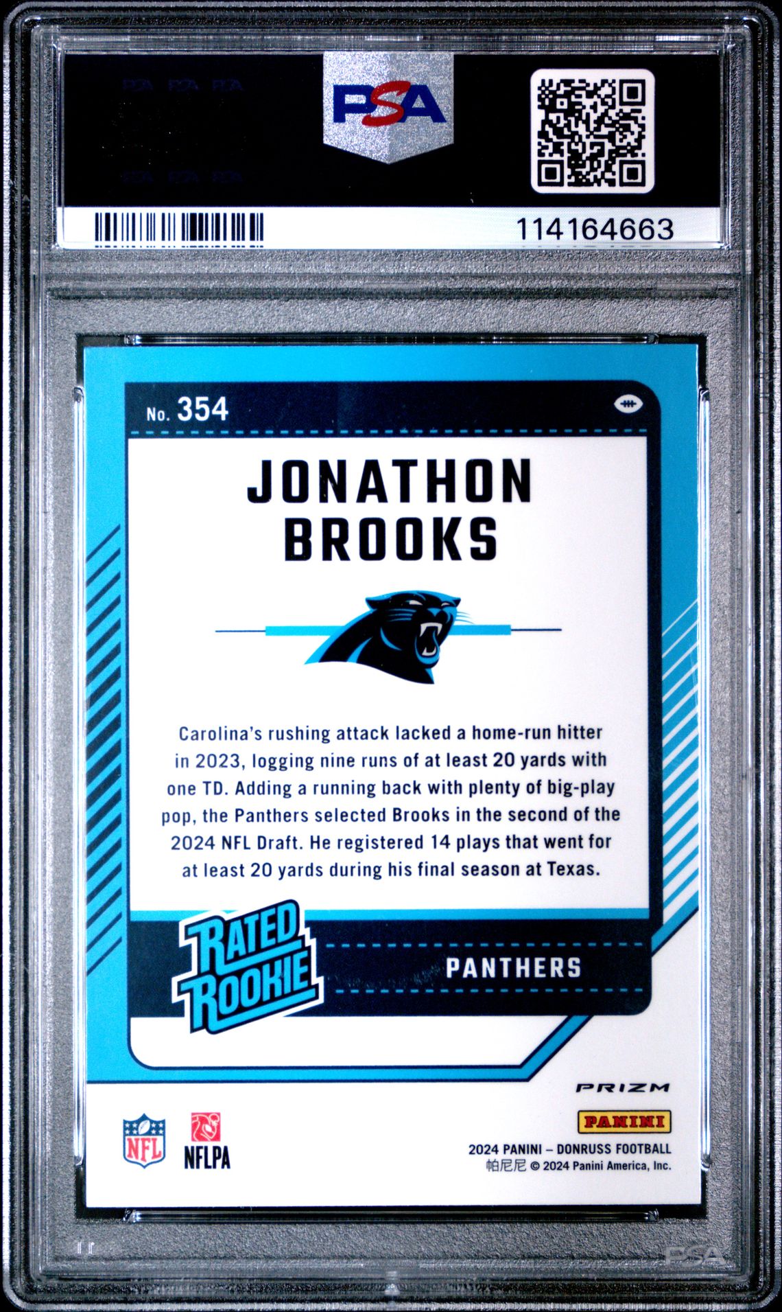 2024 Panini Donruss Jonathon Brooks #354 (Optic Preview-Blue Scope) Gem Mt 10 back