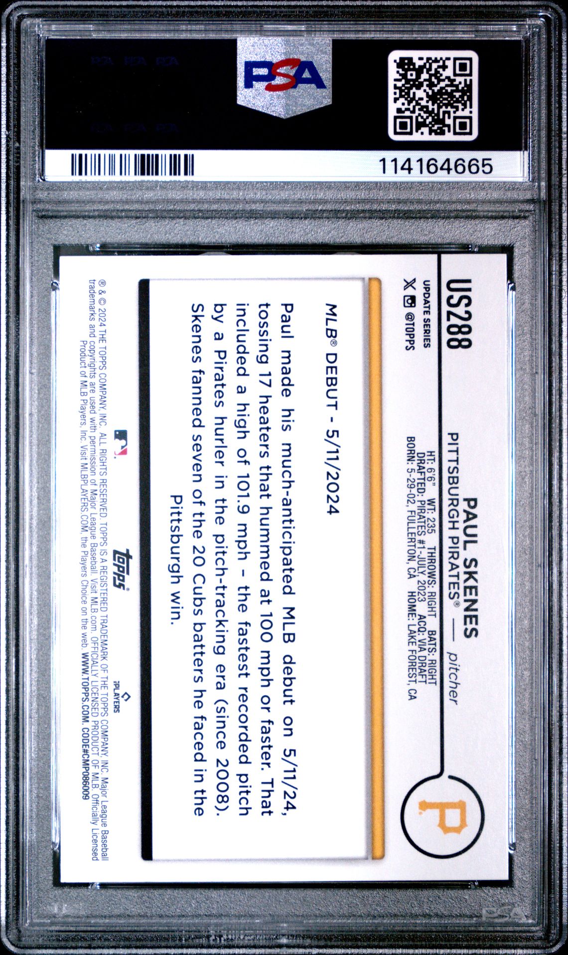 2024 Topps Update Paul Skenes #Us288 Mint 9 back