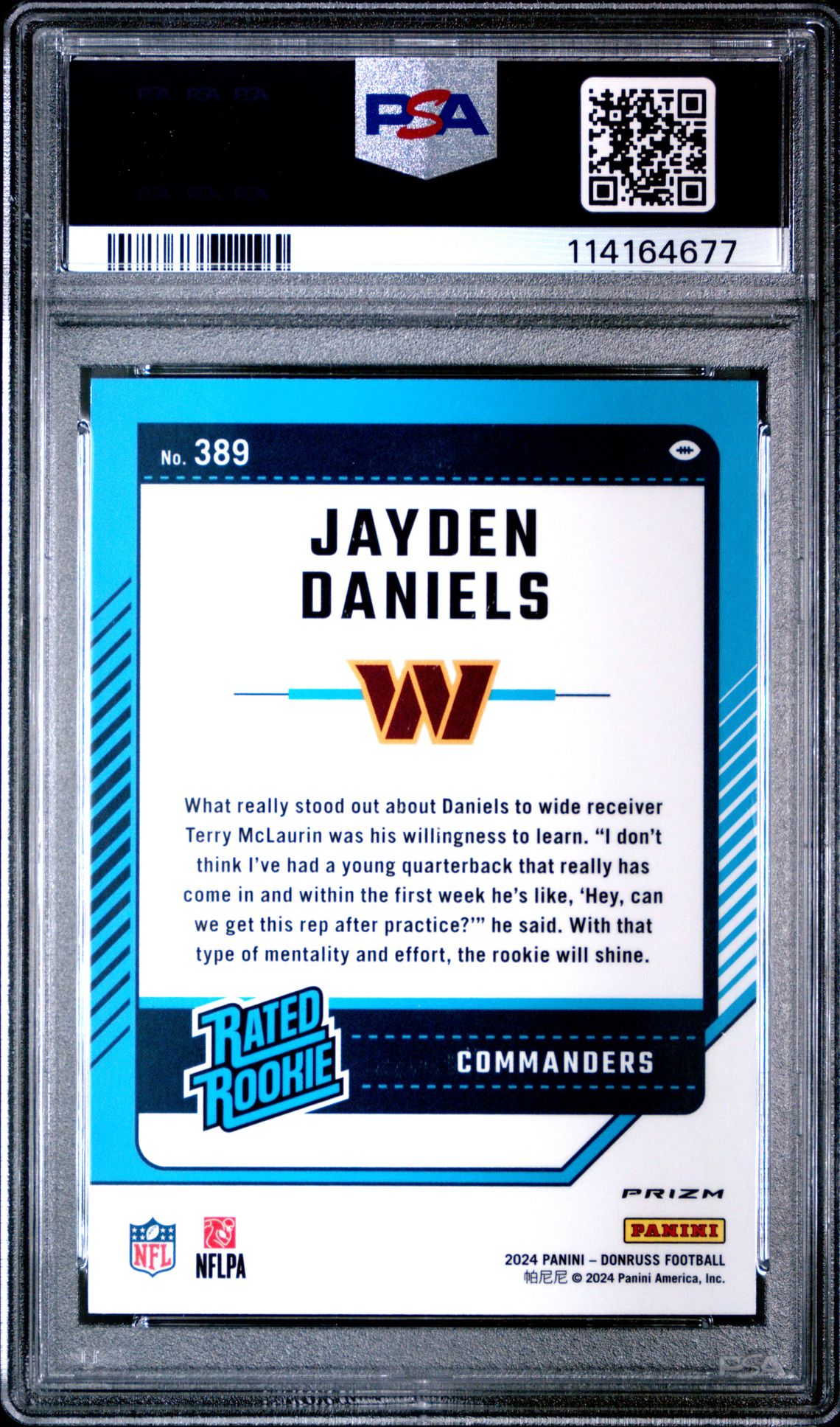 2024 Panini Donruss Jayden Daniels #389 (Optic Preview-Pink) Gem Mt 10 back