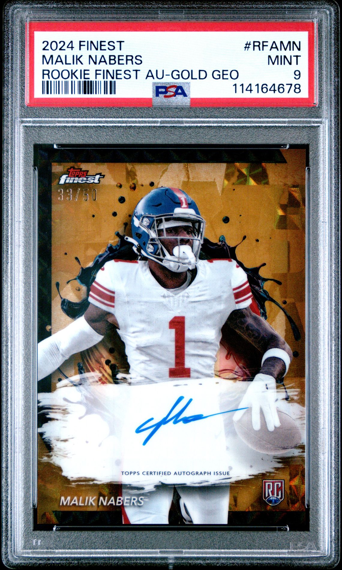 2024 Topps Finest Rookie Finest Autographs Malik Nabers #Rfamn (Rookie Finest Au-Gold Geo) Mint 9 front
