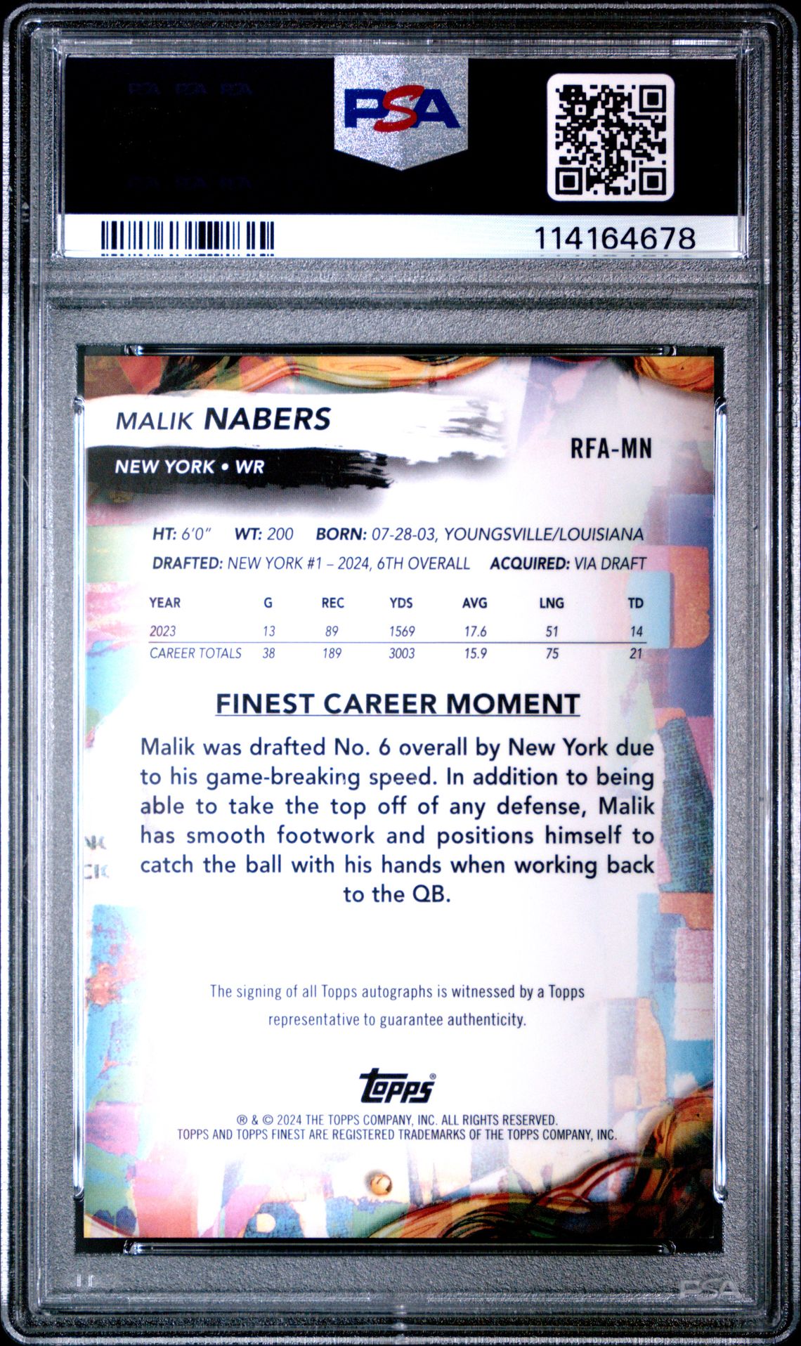 2024 Topps Finest Rookie Finest Autographs Malik Nabers #Rfamn (Rookie Finest Au-Gold Geo) Mint 9 back
