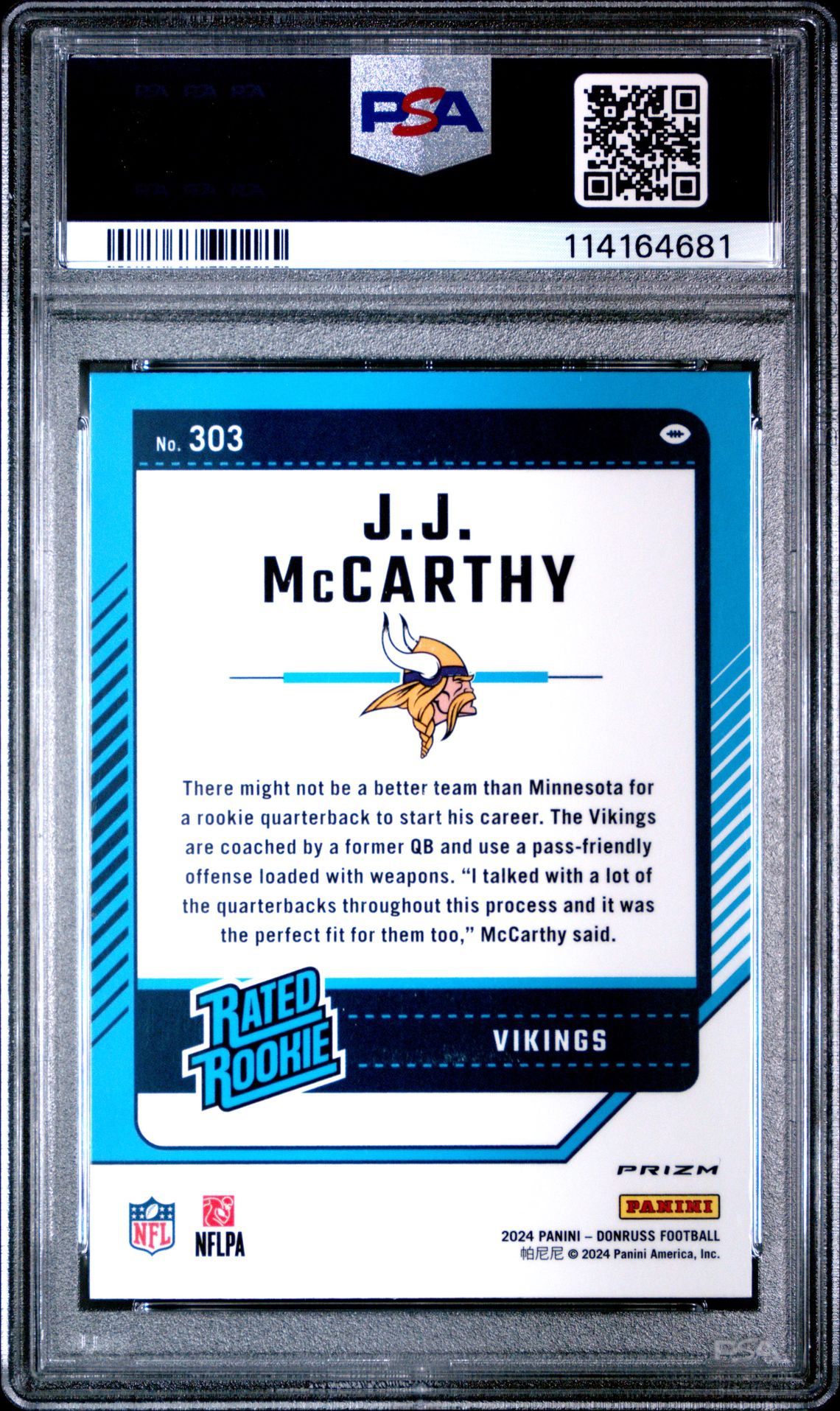 2024 Panini Donruss Jj Mccarthy #303 (Optic Preview-Blue Scope) Nm-Mt 8 back