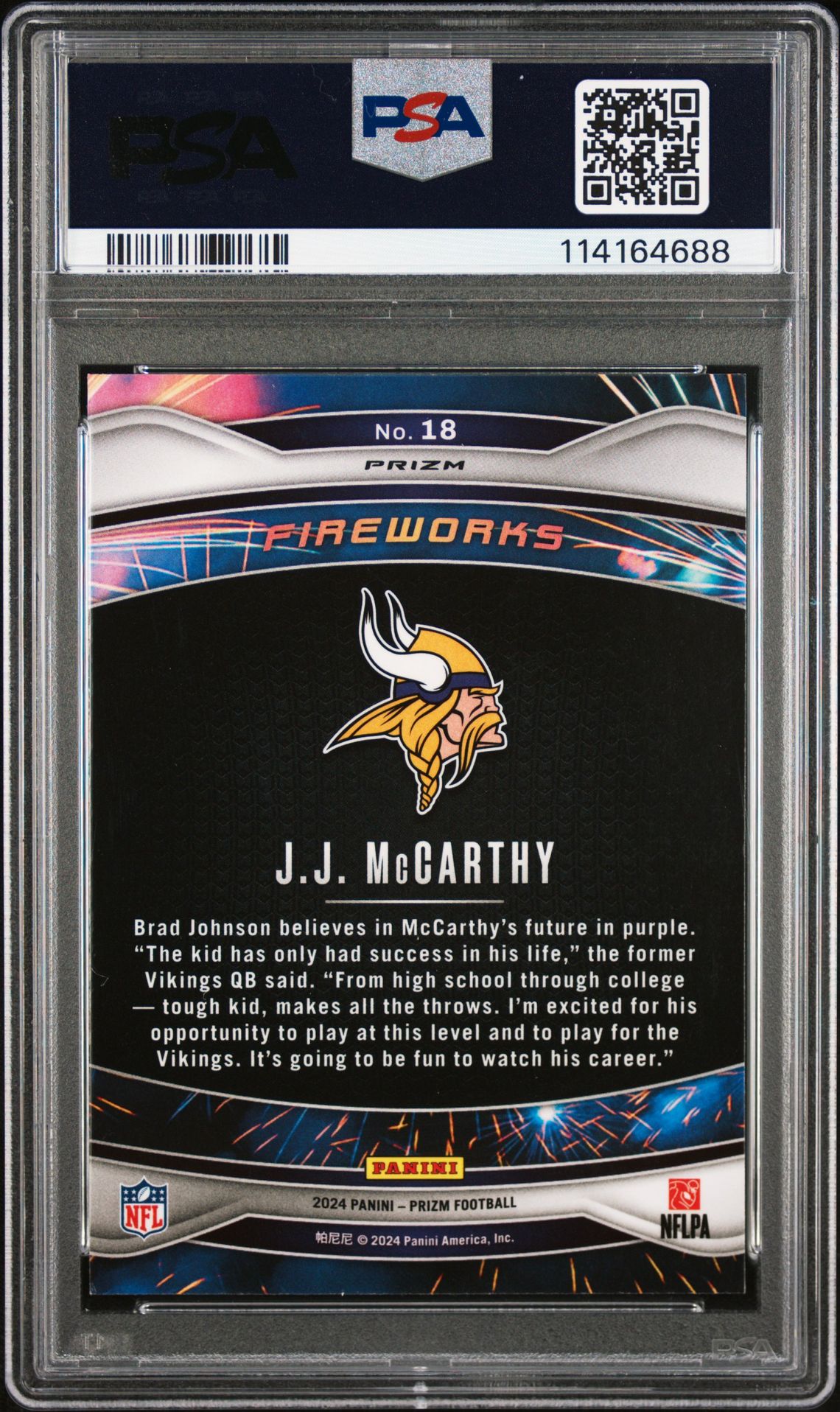 2024 Panini Prizm Fireworks Jj Mccarthy #18 (Fireworks-Green Prizm) Mint 9 back