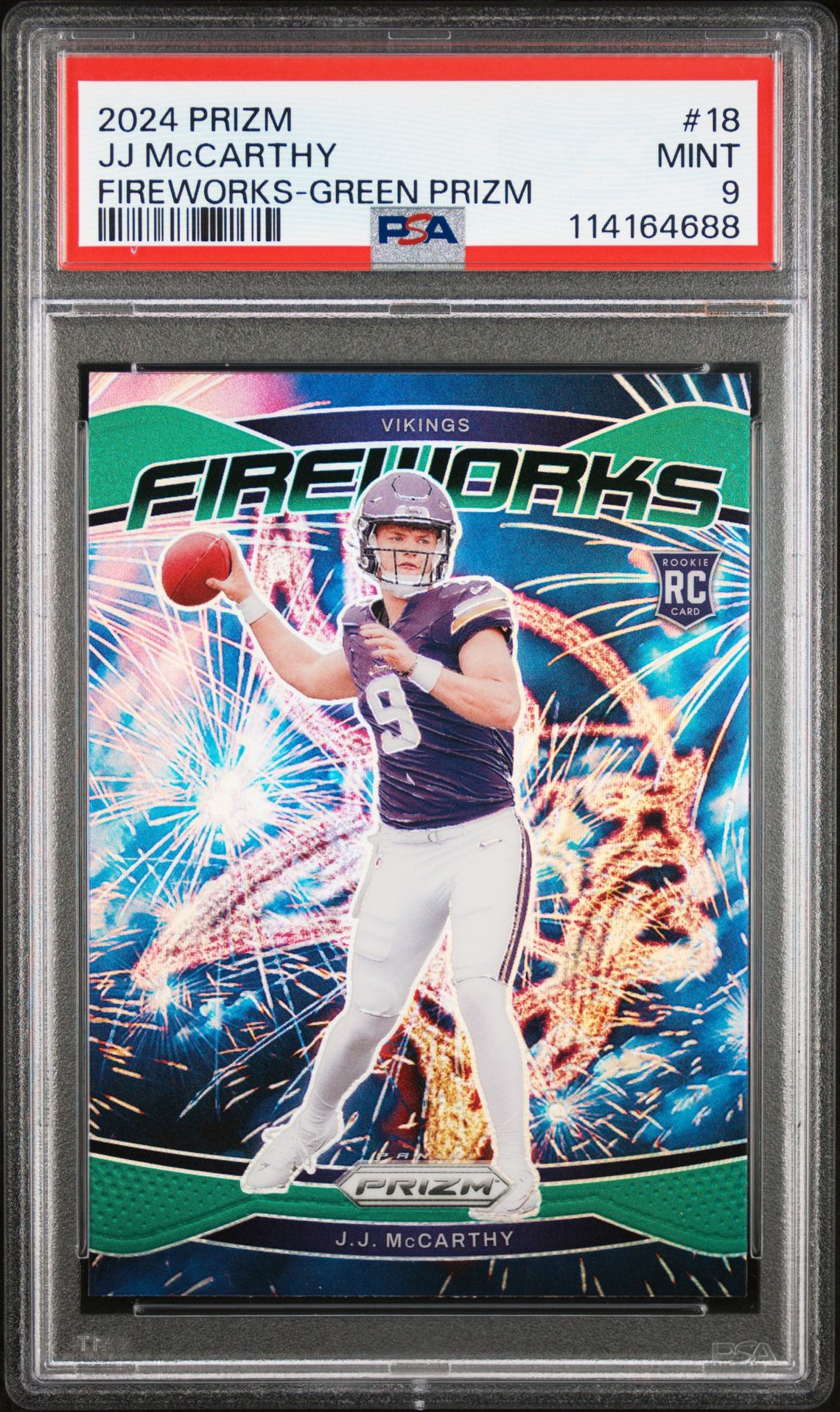 2024 Panini Prizm Fireworks Jj Mccarthy #18 (Fireworks-Green Prizm) Mint 9 front