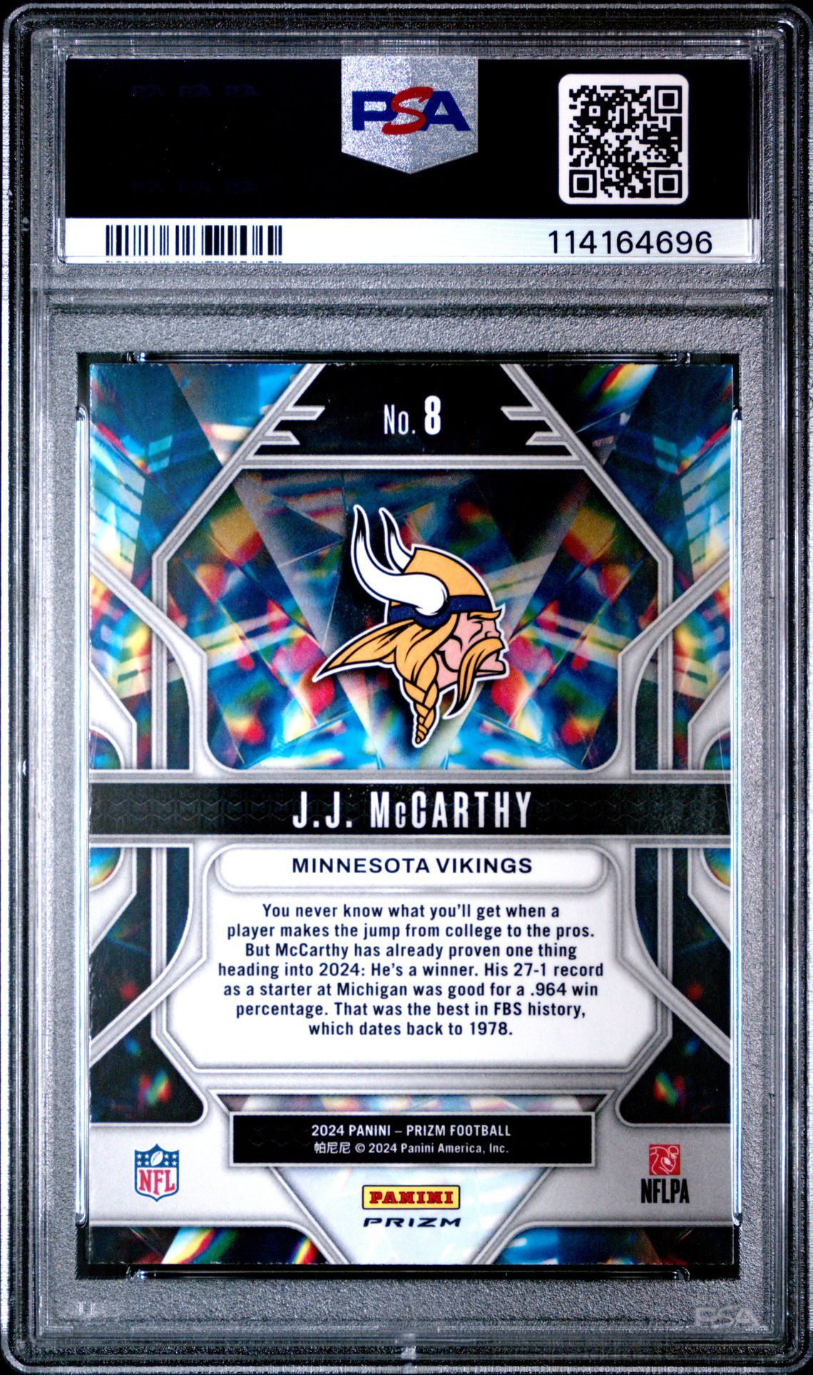 2024 Panini Prizm Prizmatic Jj Mccarthy #8 (Prizmatic-Green Prizm) Gem Mt 10 back