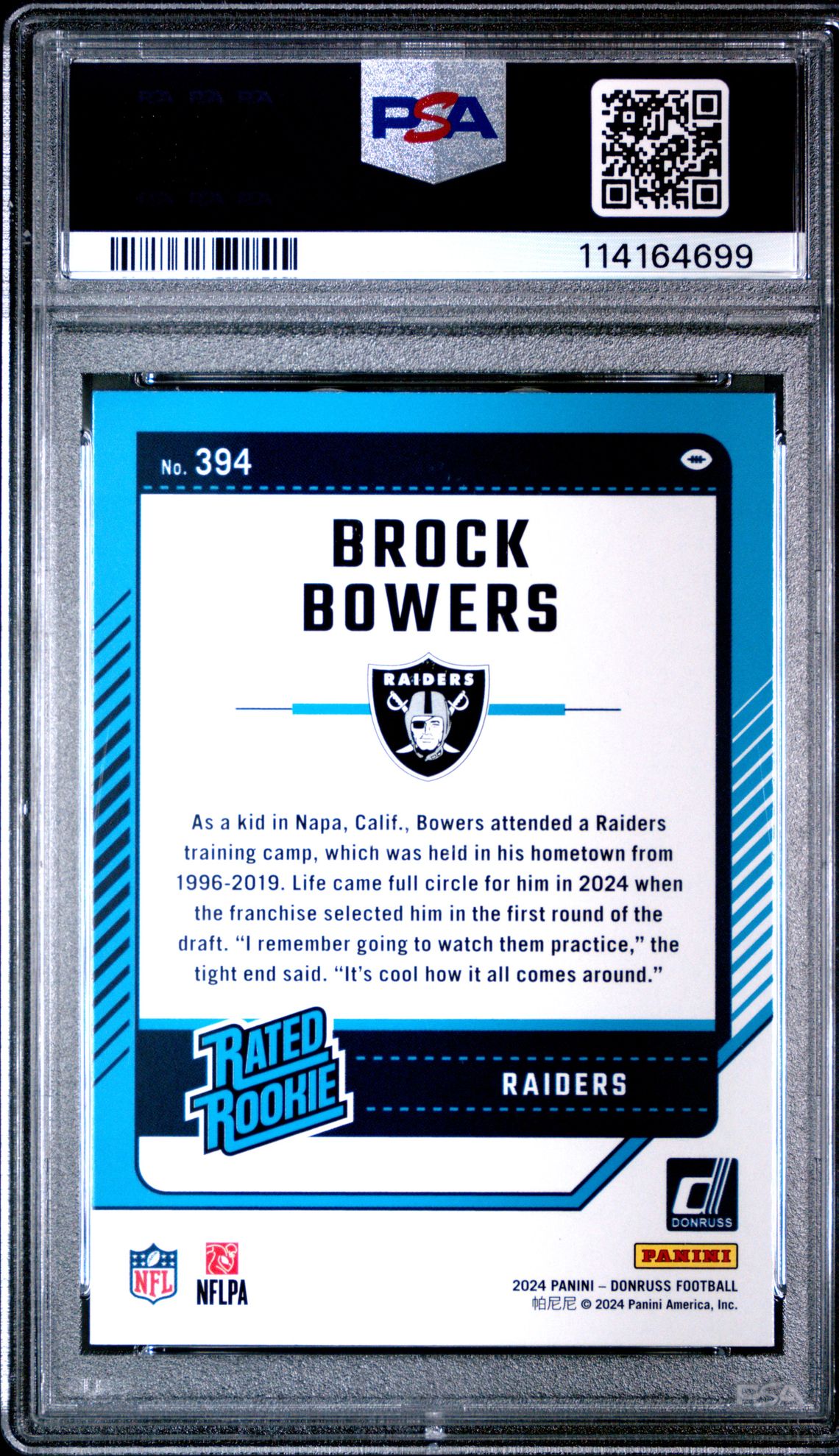 2024 Panini Donruss Brock Bowers #394 (Press Proof Blue) Mint 9 back