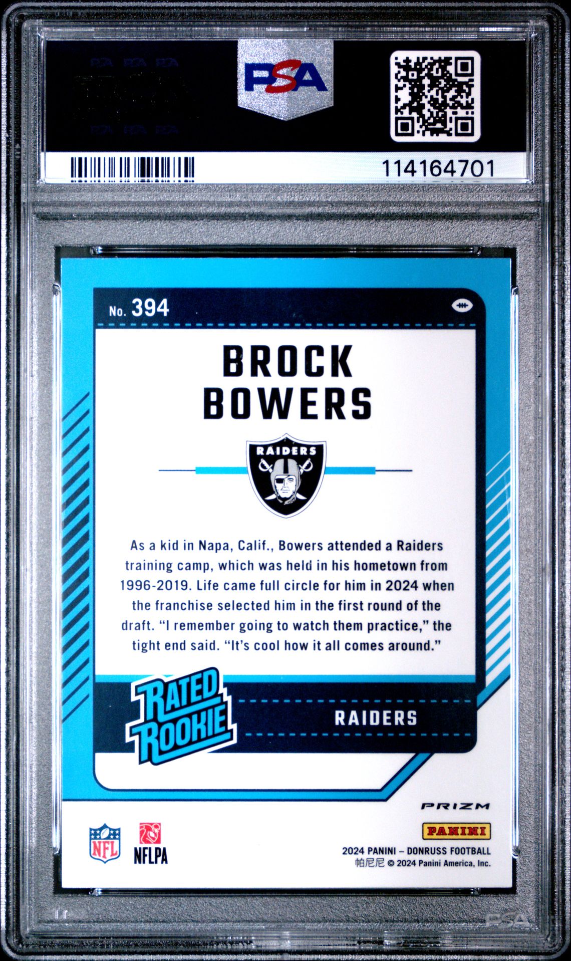 2024 Panini Donruss Brock Bowers #394 (Optic Preview-Red & Green) Mint 9 back