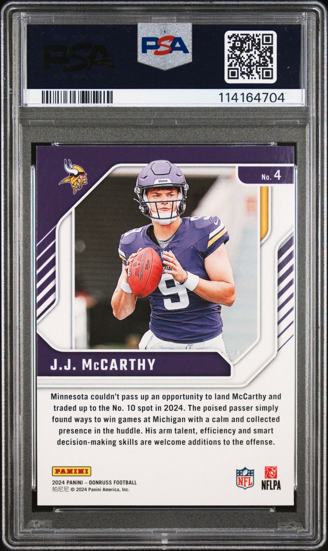 2024 Panini Donruss The Elite Series Rookies Jj Mccarthy #4 Gem Mt 10 back