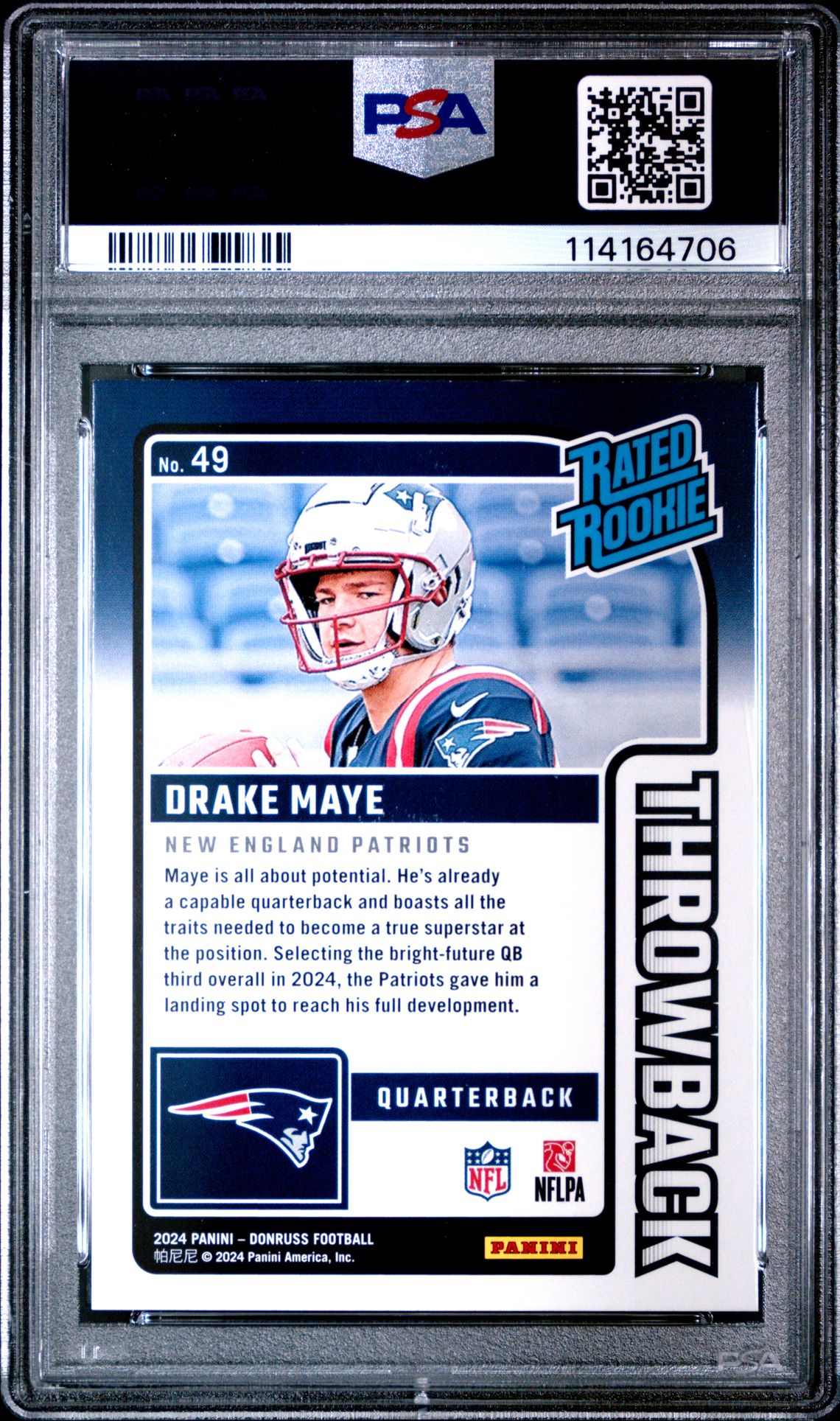 2024 Panini Donruss Rated Rookies Throwback Drake Maye #49 Mint 9 back