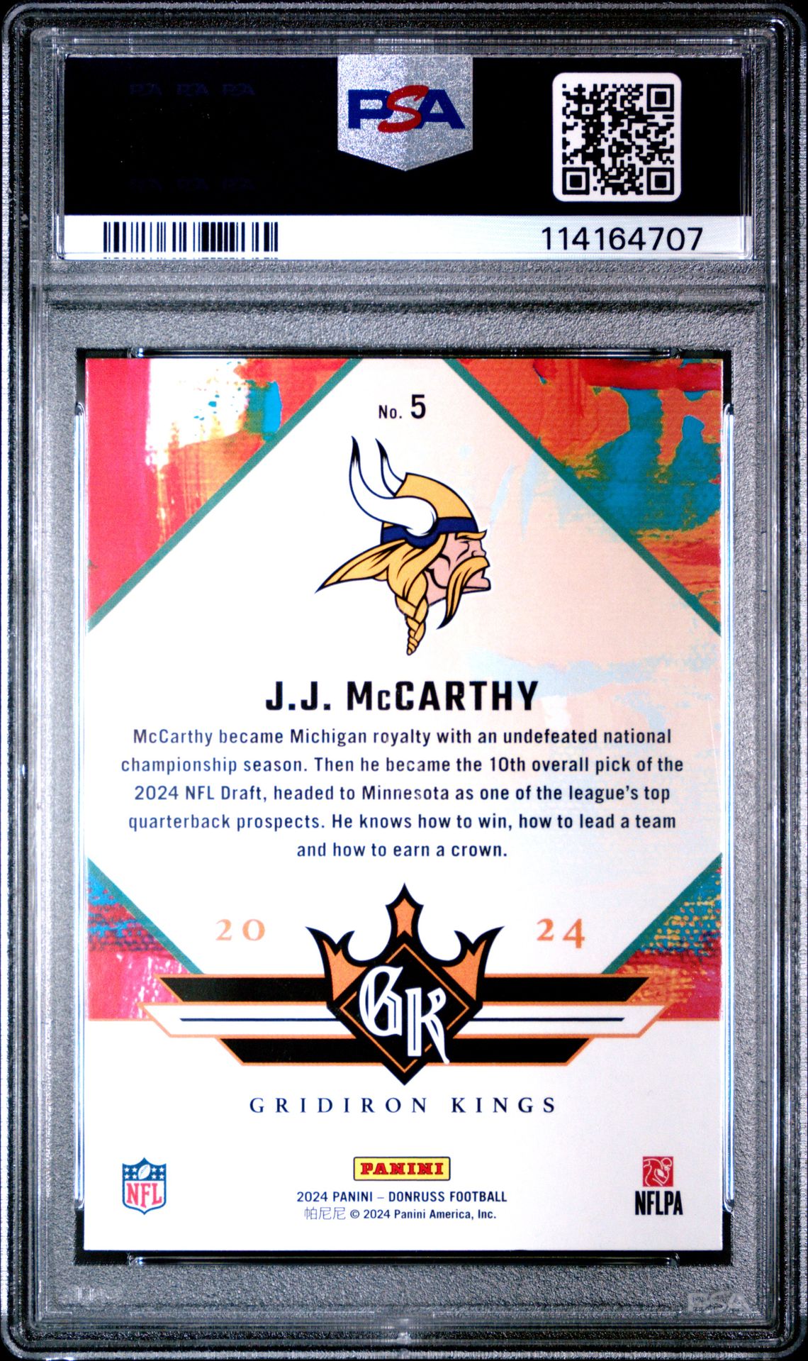 2024 Panini Donruss Rookie Gridiron Kings Jj Mccarthy #5 Gem Mt 10 back