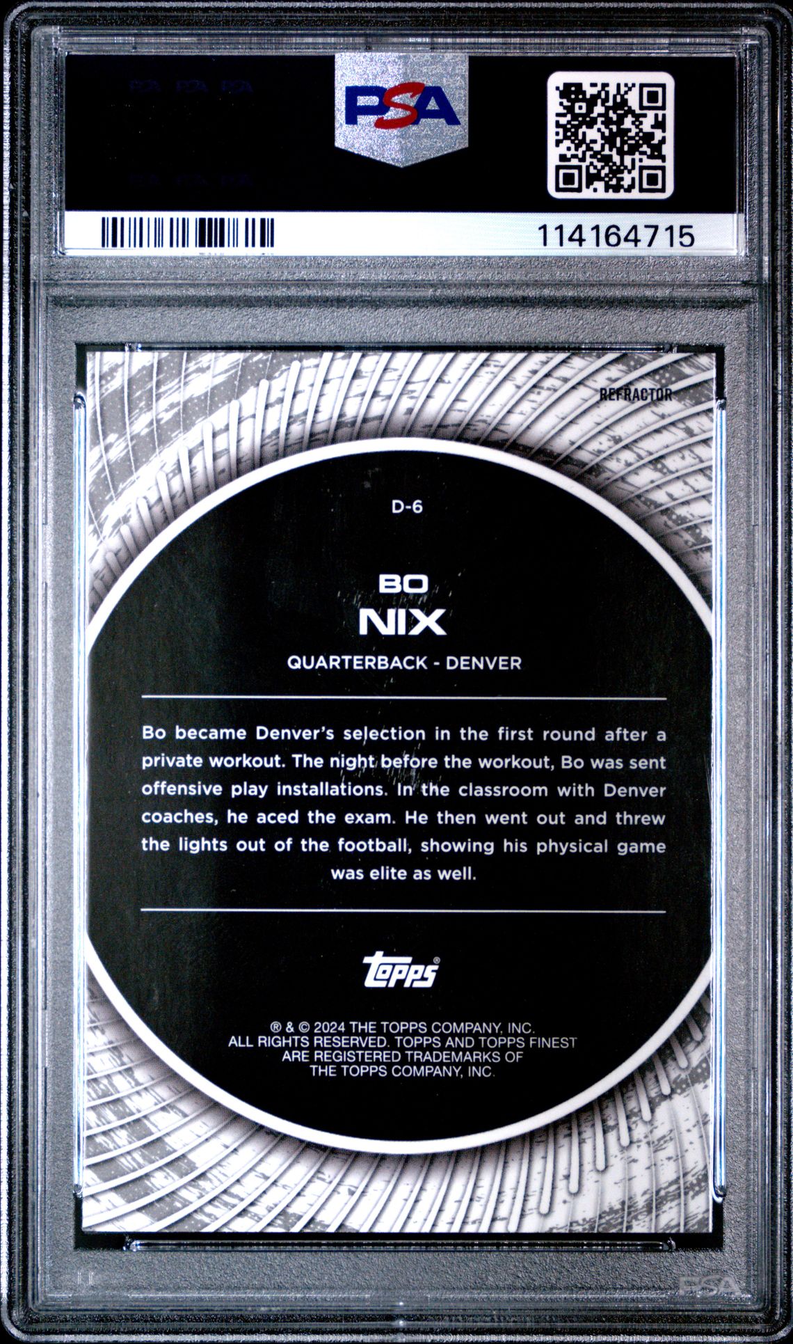 2024 Topps Finest Debut Bo Nix #D6 (Debut-Refractor) Gem Mt 10 back