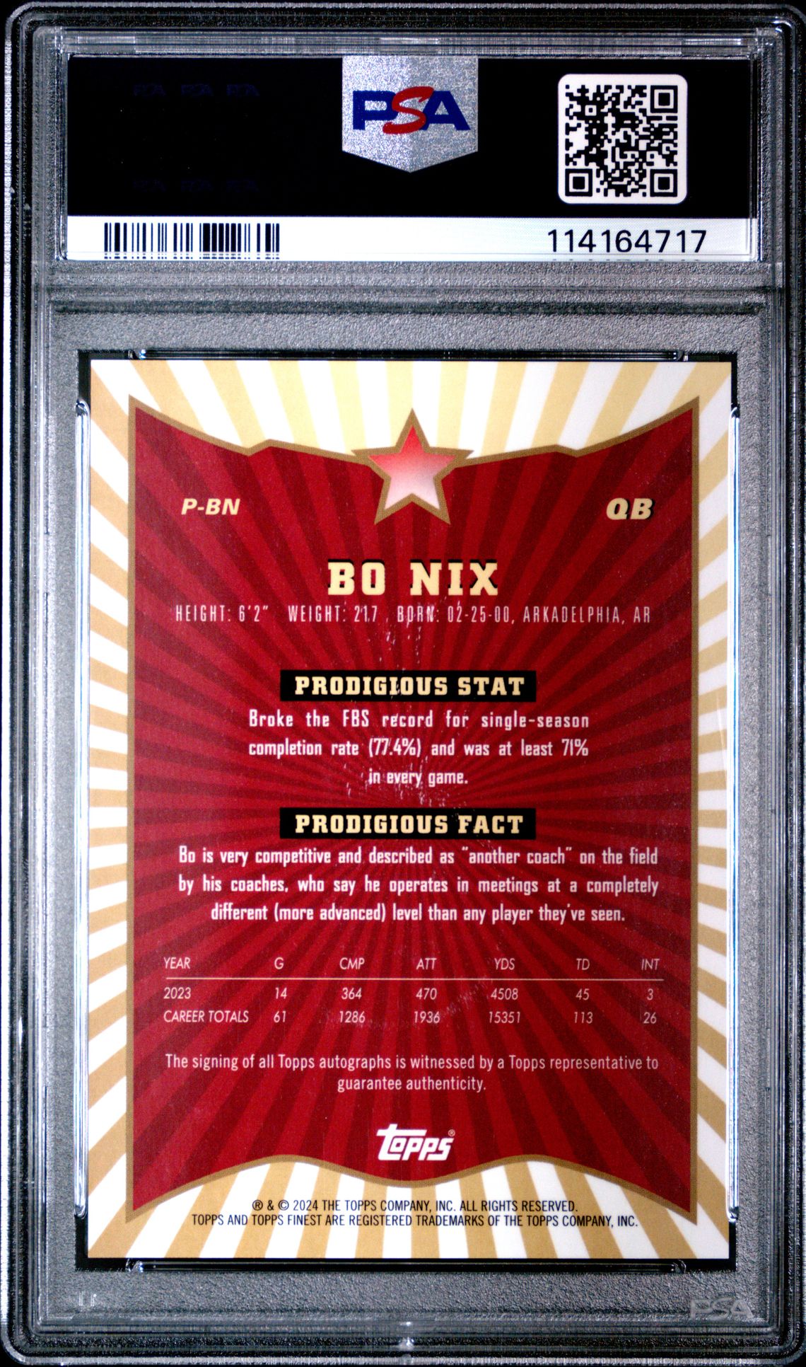 2024 Topps Finest Prodigies Autographs Bo Nix #Pbn Gem Mt 10 back