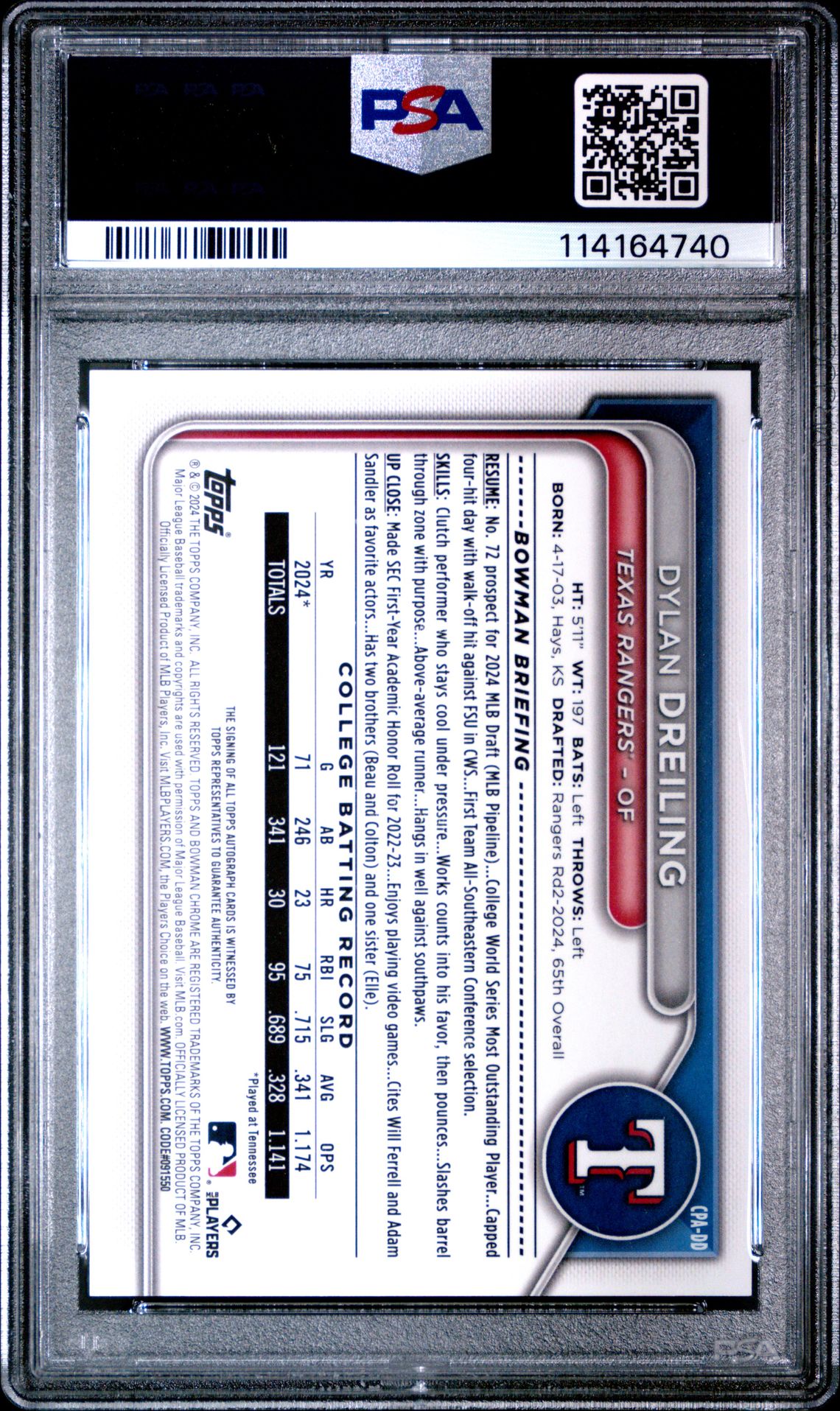 2024 Bowman Draft Chrome Prospect Autographs Dylan Dreiling #Cpadd (Chr Prospect Au-Hta Choice) Gem Mt 10 back