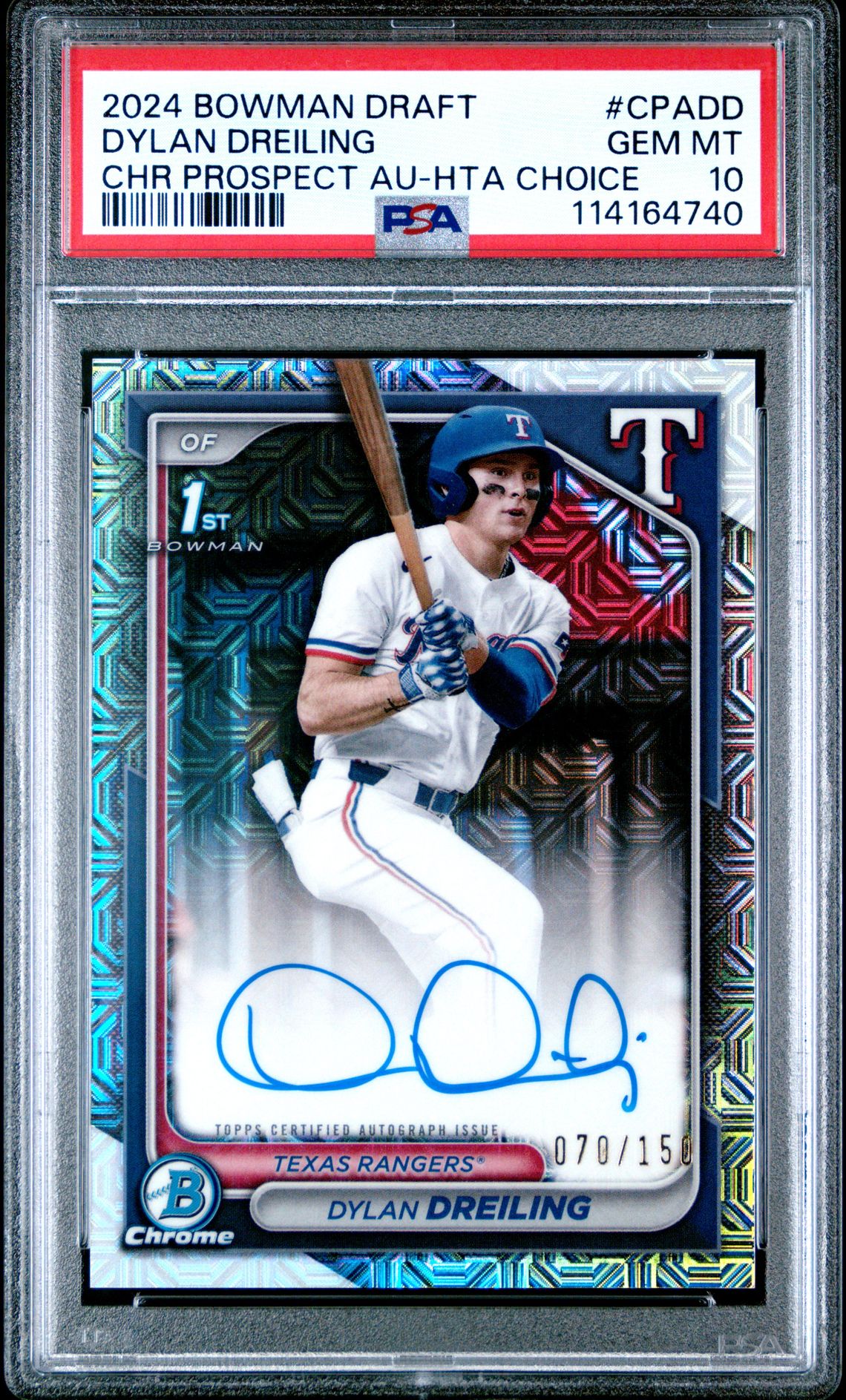 2024 Bowman Draft Chrome Prospect Autographs Dylan Dreiling #Cpadd (Chr Prospect Au-Hta Choice) Gem Mt 10 front