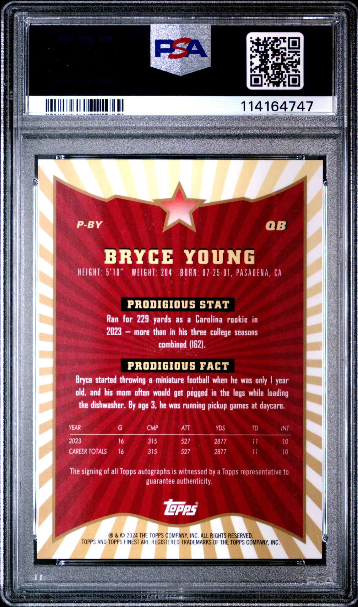 2024 Topps Finest Prodigies Autographs Bryce Young #Pby Gem Mt 10 back