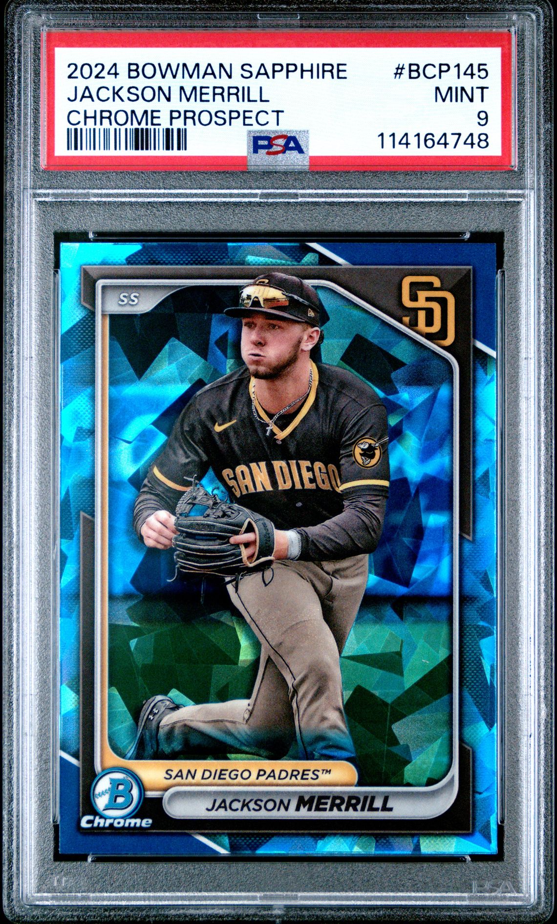 2024 Bowman Sapphire Edition Chrome Prospects Jackson Merrill #Bcp145 (Chrome Prospect) Mint 9 front